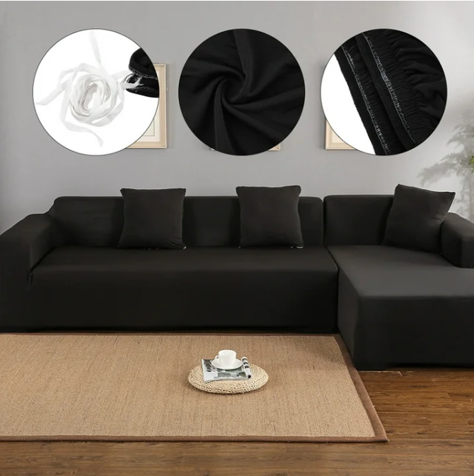 Fyydes 3+2 Seat Corner Sofa Cover L Shape Slipcover Protector for Living Room (Black)