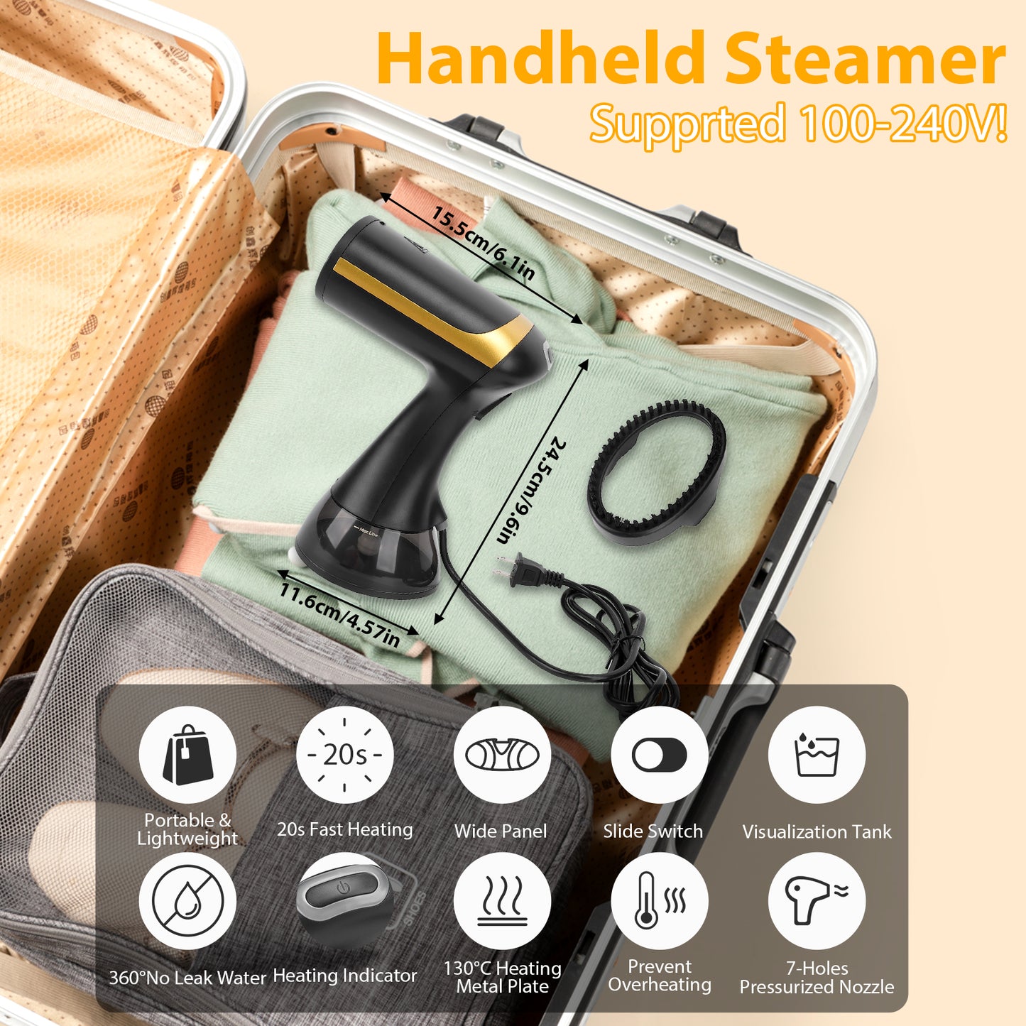 Handheld Garment Steamer for Clothes, 1500W Fabric Steam Iron for Home and Travel, Portable Handheld Design, 300ml Water Tank, 20s Quick Heat, Auto-Off