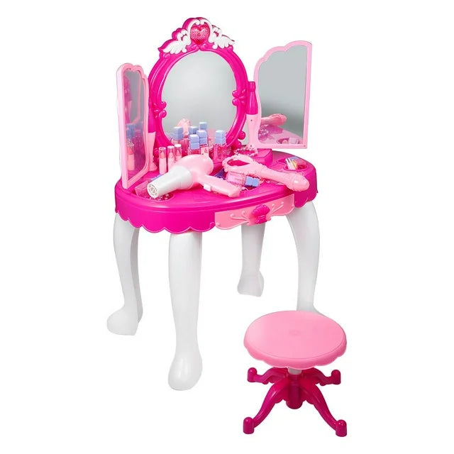 Toddler Vanity Makeup Table with Mirror and Stool, Kids Pretend Play Vanity Set with Accessories and Lights Music for 2-5 Years Old Girls Chrismas Gift, Pink