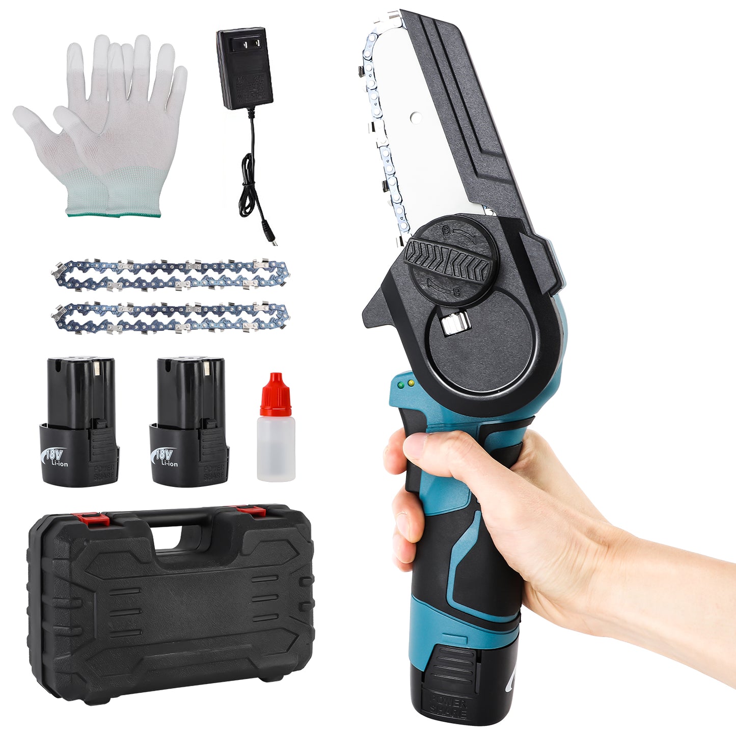 Mini Chainsaw 4-Inch Cordless Electric Portable Chainsaw with Safety Lock, One-Hand Lightweight, Pruning Shears Chainsaw for Tree Branch Wood Cutting (Chainsaw+ 2 x 2.0Ah Batteries+ 2 x Chains)
