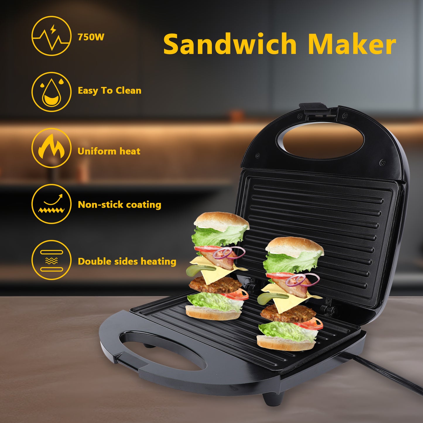 Panini Breakfast Machine Press Grill, 750W Non-Stick Sandwich Press Maker for Sandwich, Burgers, Steak