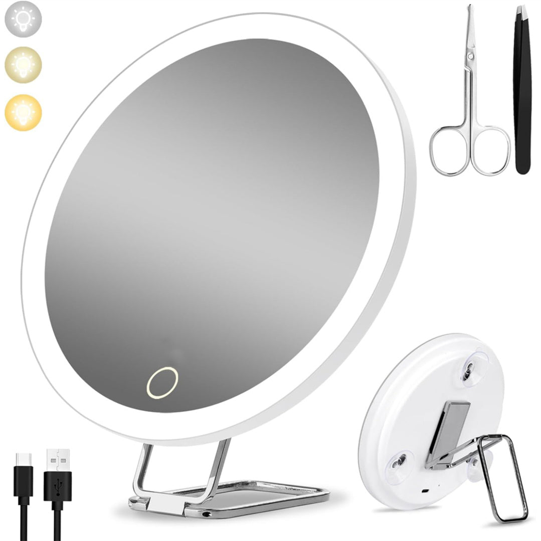 Magnifying Mirror with Light 30X, Large 6" Rechargeable 3 Colors Modes Dimming Lighted Makeup Mirror with 30X Magnification, LED Travel Magnified Mirror with 3 Suction Cups and 360 Degree Table Stand