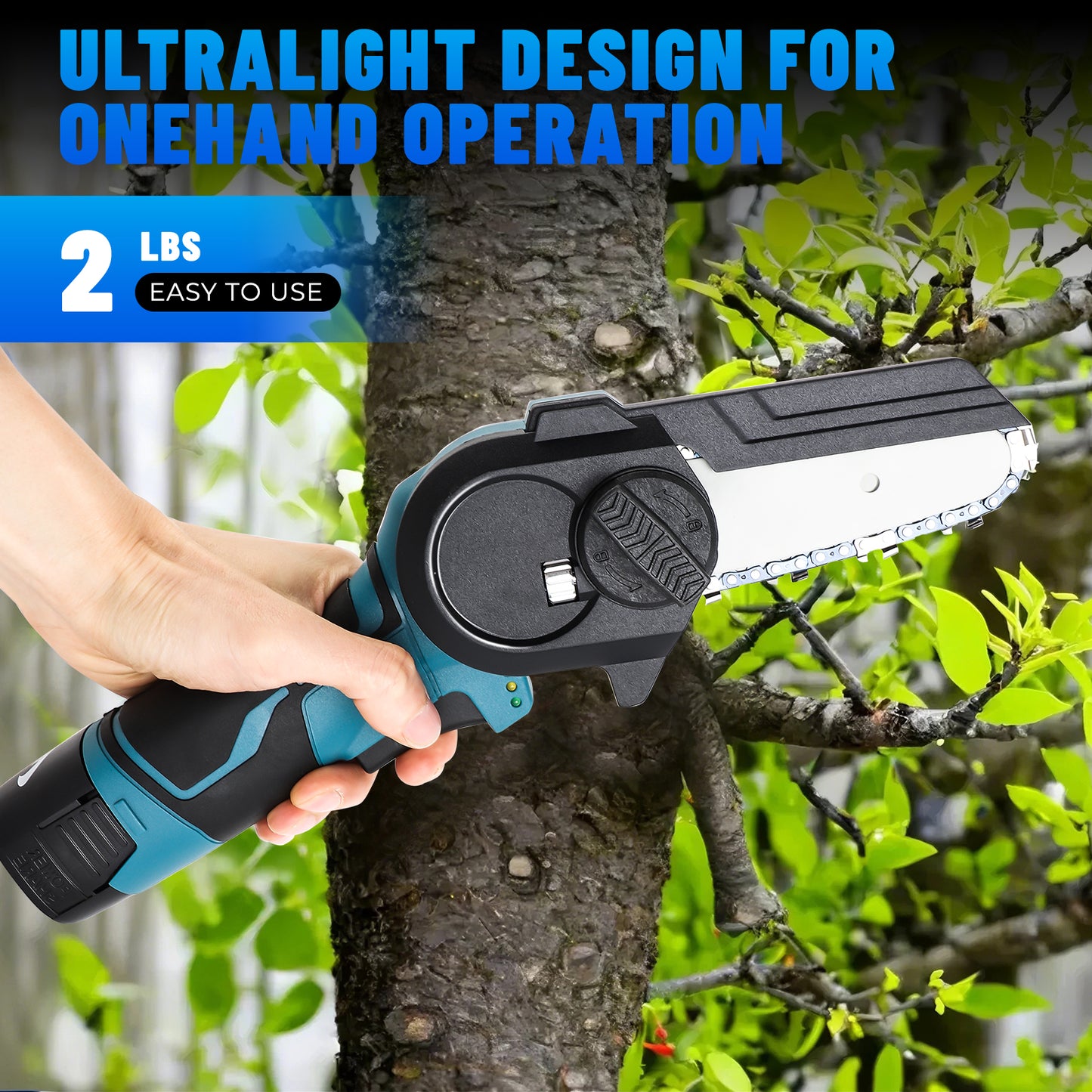 Mini Chainsaw 4-Inch Cordless Electric Portable Chainsaw with Safety Lock, One-Hand Lightweight, Pruning Shears Chainsaw for Tree Branch Wood Cutting (Chainsaw+ 2 x 2.0Ah Batteries+ 2 x Chains)