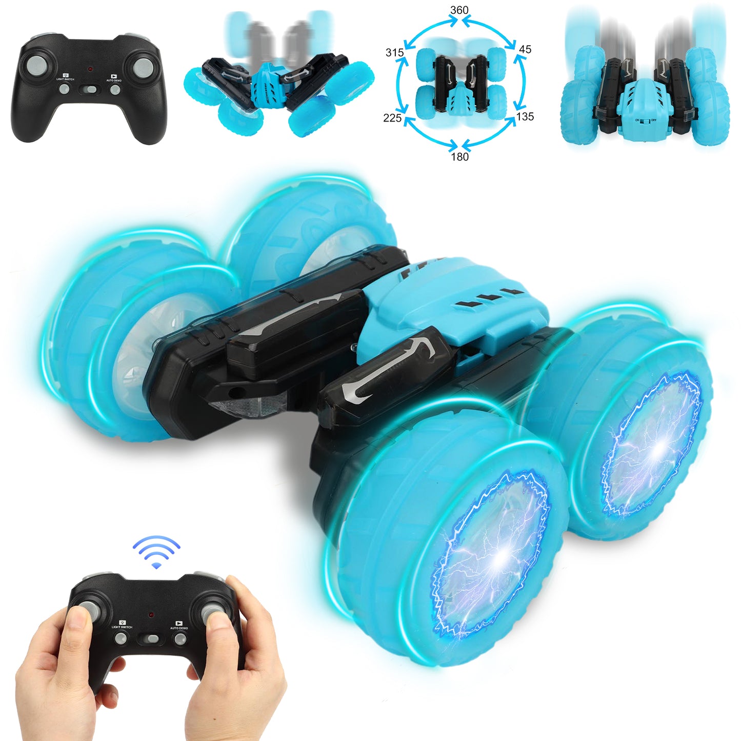 RC Stunt Car with Sound & LED Light Letters Double-Sided Drift 360-degree Flips Rotating Car Toy for Kids 3-12 Year Old, 4WD Remote Control Stunt Car for Boys Kids Girls