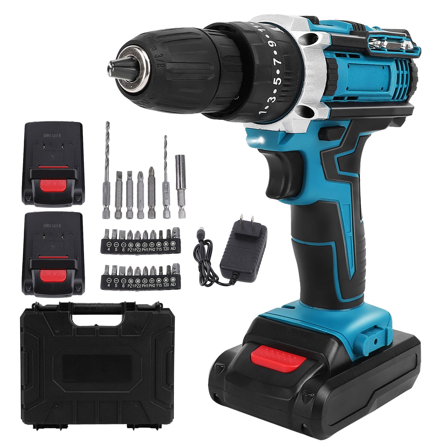 Cordless Drill, 21V Power Drill Set with 2Ah Battery, 3/8"Keyless Chuck, 25+3 Position Electric Drill, 2-Speed Transmission for Screwdriving And Drilling, Blue
