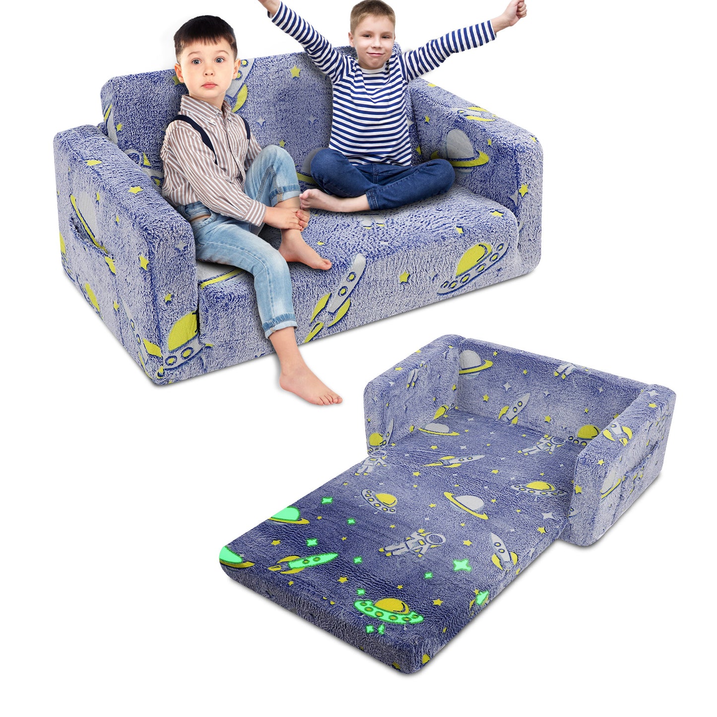Toddler Couch, Toddler Chair Folding, Kids Couch 2 In 1, Kids Sofa for Playroom-Extra Soft 2 Seats, Glow In The Dark Open Couch, Gifts For Kids, Sleeper For Girls Boys,Blue