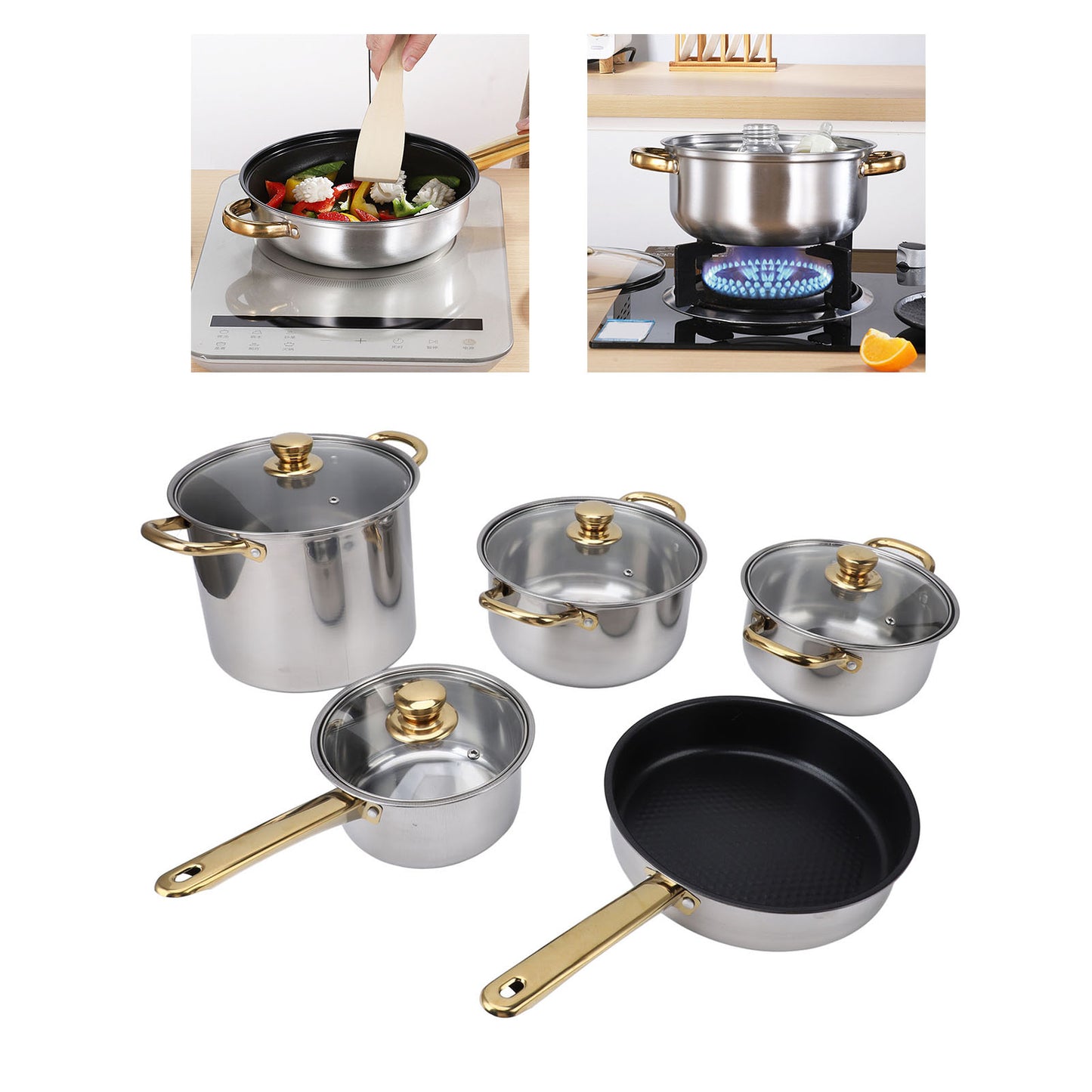 Stainless Steel Pots and Pans Set Ergonomic Golden Handle Multifunctional Cookware Set Cooking Pots with Glass Lids for Kitchen