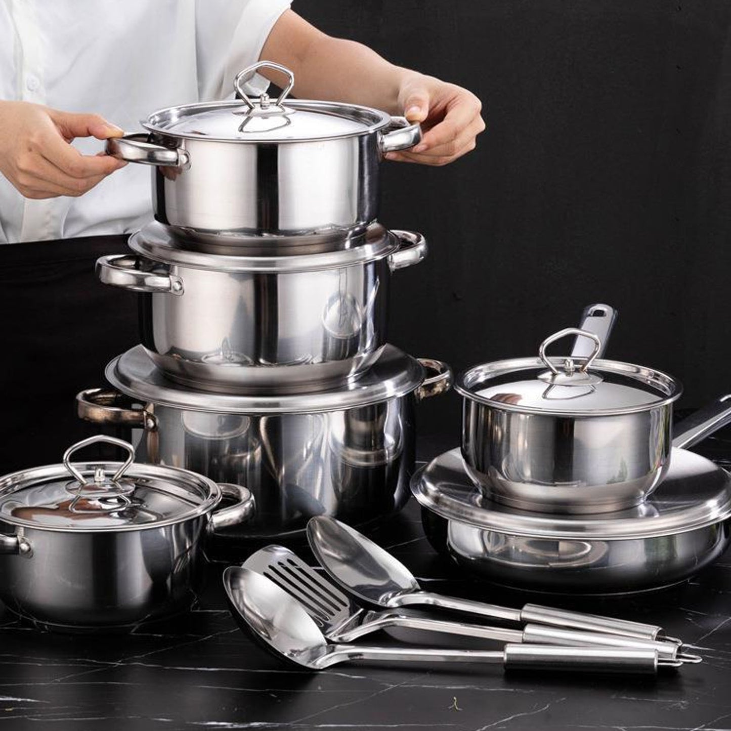 Kitchen Cookware Set Stainless Steel Pots Pans Set with Soup Pot Saute Pan Lids for Home Cooking