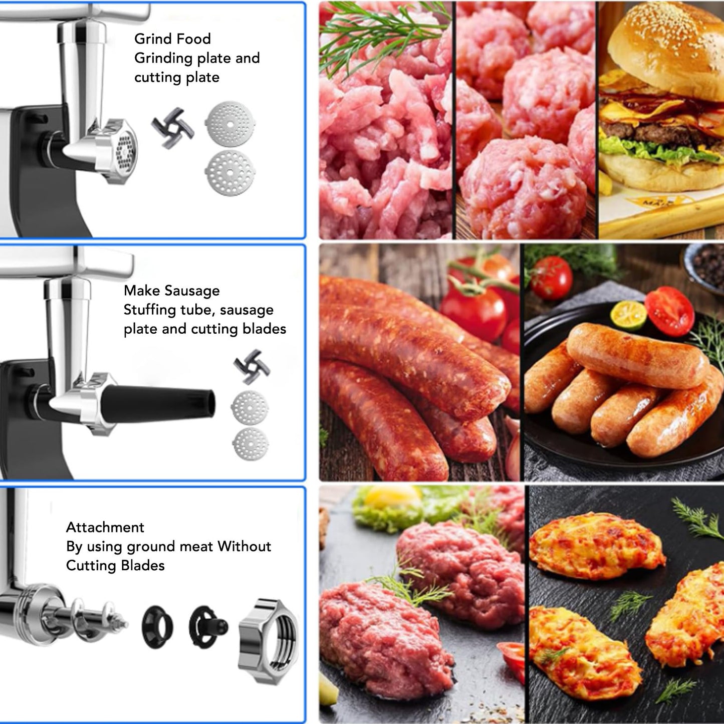Heavy Duty 5 in 1 Electric Meat Grinder, 2800W Max, Sausage Stuffer, Juice Extractor, Kubbe Kit , 3 Stainless Steel Grinding Plates, 5 Pounds/Min