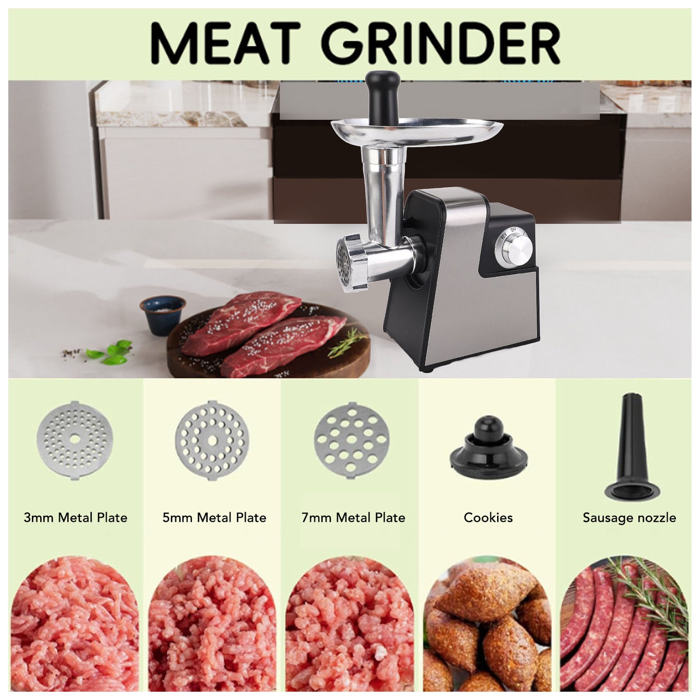 Heavy Duty 5 in 1 Electric Meat Grinder, 2800W Max, Sausage Stuffer, Juice Extractor, Kubbe Kit , 3 Stainless Steel Grinding Plates, 5 Pounds/Min