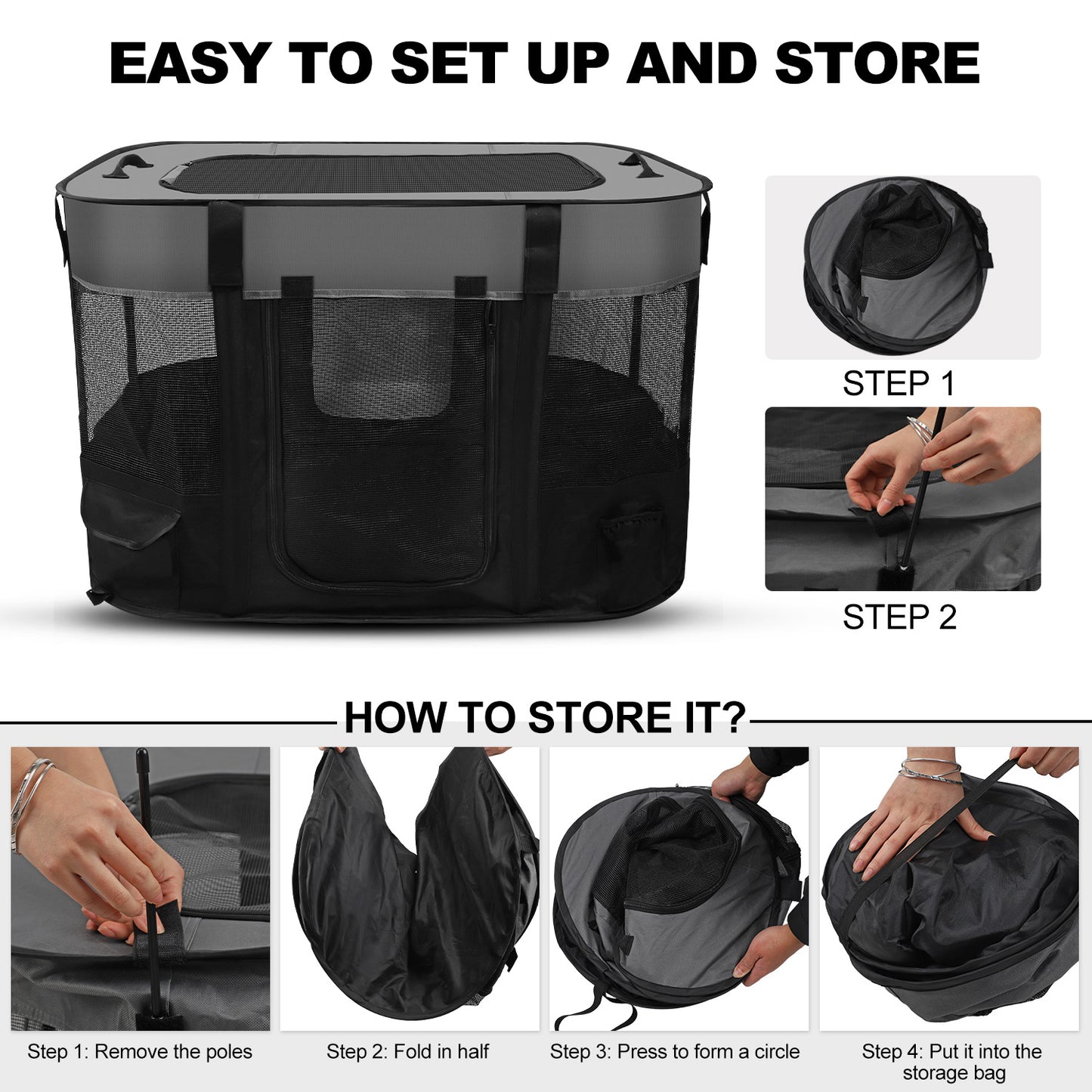 Pet Dog Cat Playpen, Foldable Cat Cage Kennel, Portable Puppy Crate for Indoor Outdoor Travel Camping Use, Black Dog Kennel Tent for Rabbit Small Animals with Carrying Case and Silicone Bowl, L