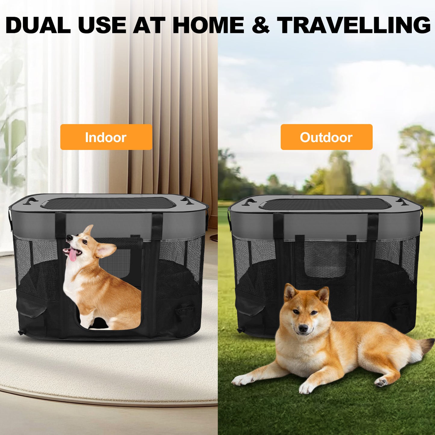 Pet Dog Cat Playpen, Foldable Cat Cage Kennel, Portable Puppy Crate for Indoor Outdoor Travel Camping Use, Black Dog Kennel Tent for Rabbit Small Animals with Carrying Case and Silicone Bowl, L