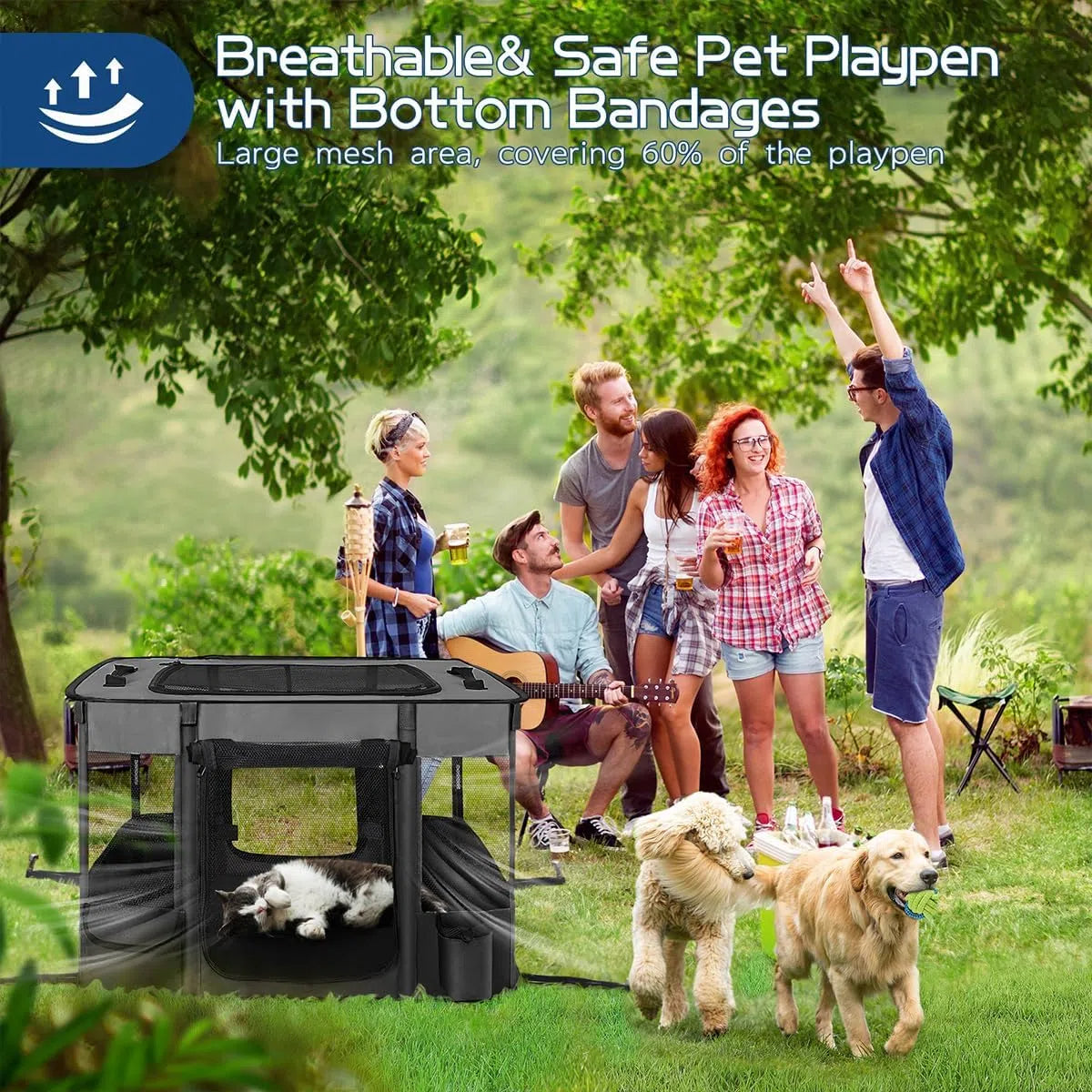 Pet Dog Cat Playpen, Foldable Cat Cage Kennel, Portable Puppy Crate for Indoor Outdoor Travel Camping Use, Black Dog Kennel Tent for Rabbit Small Animals with Carrying Case and Silicone Bowl, L