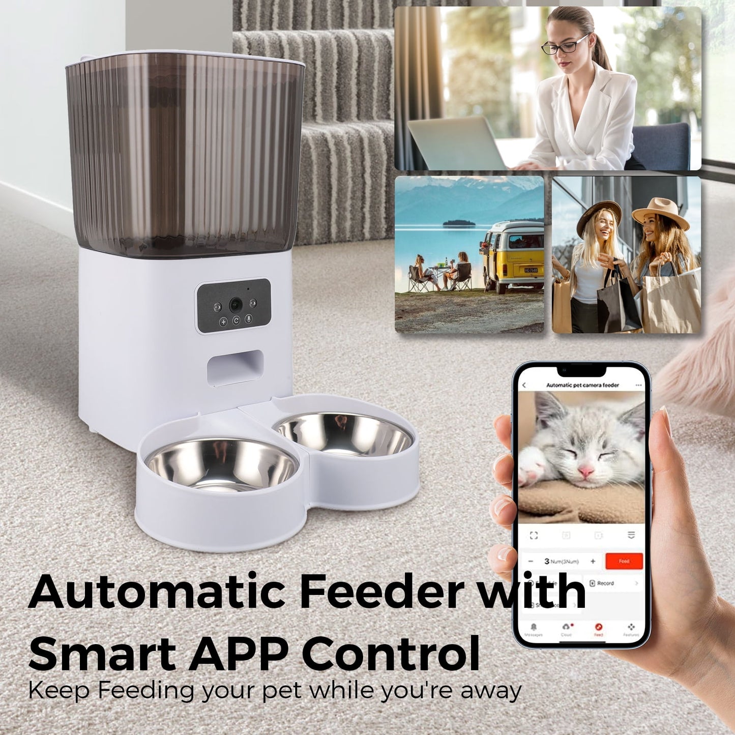 Smart Camera Automatic Cat Feeder for 2 Cats, 5L Food Dispenser with 2 Stainless Steel Bowl,Timed Programmable 1-6 Meals Control, Dual Power Supply,10s Meal Call, APP Control