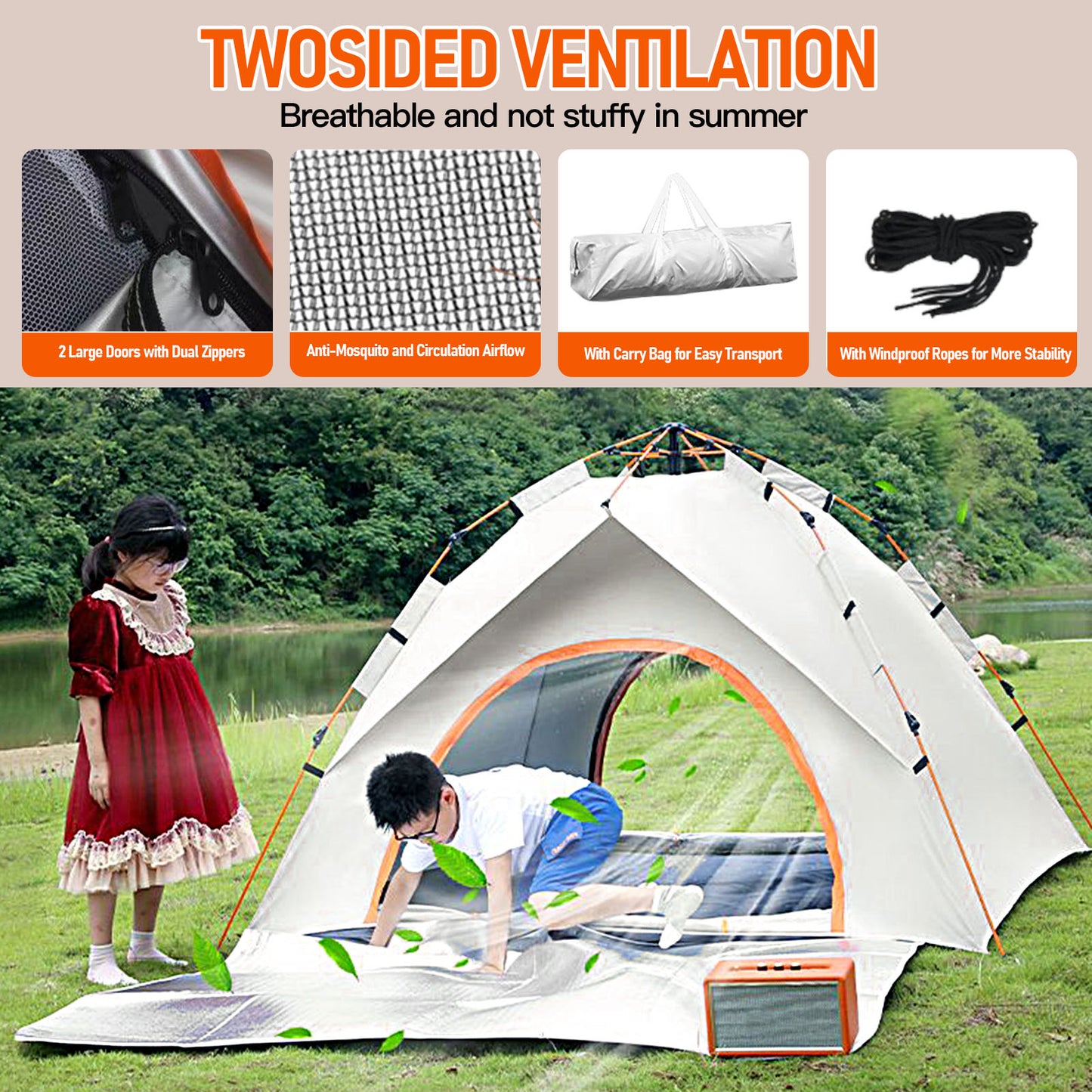Pop Up Canopy Instant Family Tents for Camping 2-3 Person with 2 Doors, Includes Carrying Bag, Windproof Ropes, Ground Stakes, Rain Cover, Waterproof Anti-UV Camping Tent for Beach/Hiking/Outdoor