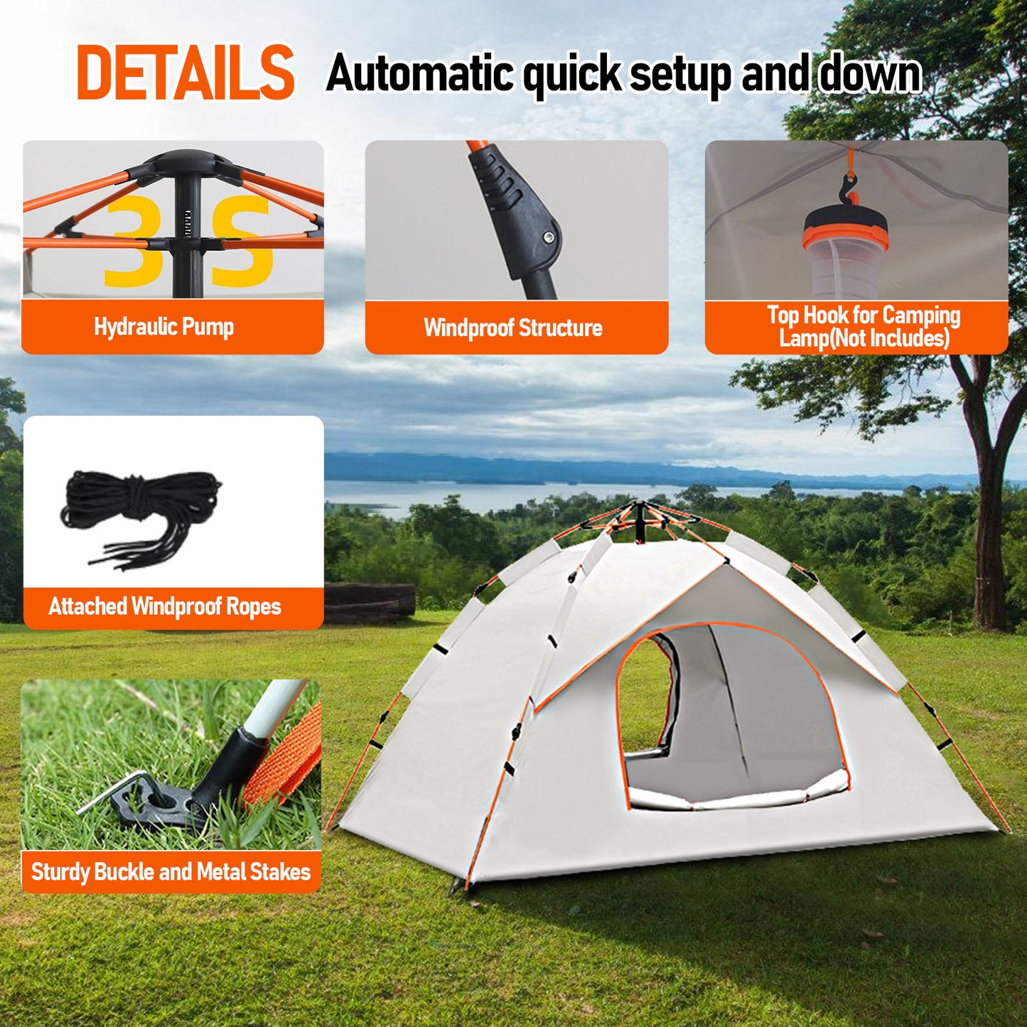 Pop Up Canopy Instant Family Tents for Camping 2-3 Person with 2 Doors, Includes Carrying Bag, Windproof Ropes, Ground Stakes, Rain Cover, Waterproof Anti-UV Camping Tent for Beach/Hiking/Outdoor
