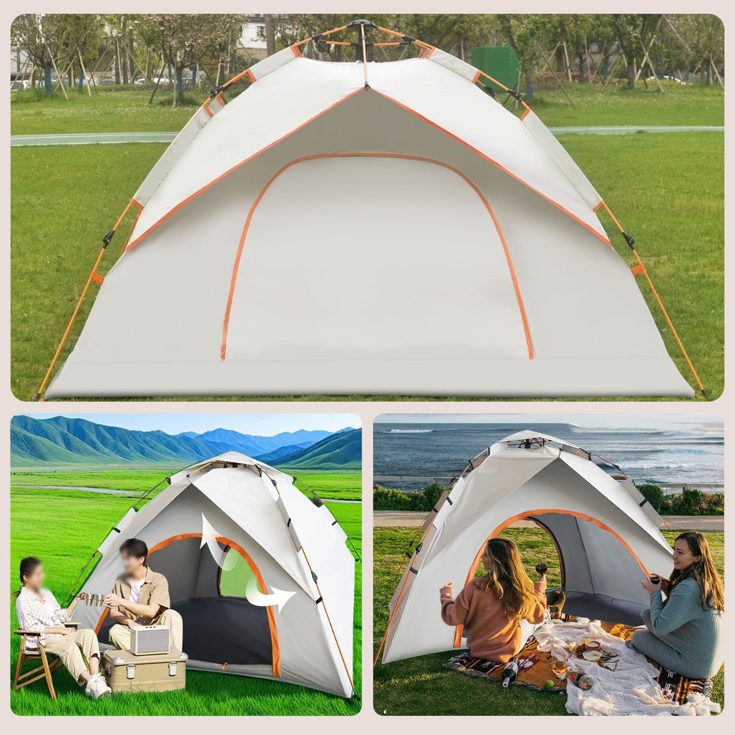 Pop Up Canopy Instant Family Tents for Camping 2-3 Person with 2 Doors, Includes Carrying Bag, Windproof Ropes, Ground Stakes, Rain Cover, Waterproof Anti-UV Camping Tent for Beach/Hiking/Outdoor