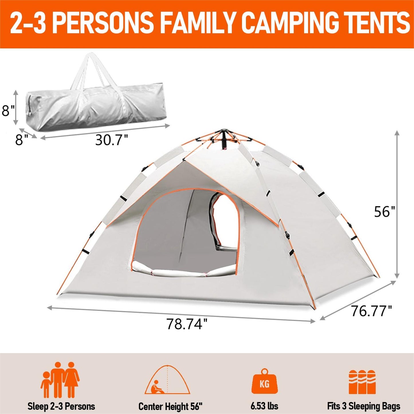 Pop Up Canopy Instant Family Tents for Camping 2-3 Person with 2 Doors, Includes Carrying Bag, Windproof Ropes, Ground Stakes, Rain Cover, Waterproof Anti-UV Camping Tent for Beach/Hiking/Outdoor
