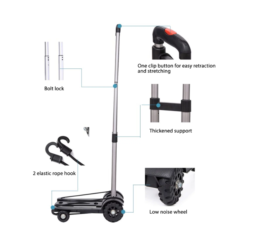 Folding Hand Truck Iron Tube Pull Rod Folding Cart Expandable Foldable Trolley Dolly With 4 Wheels Portable Luggage Cart For Travel, House, Office, Shopping, Moving Use