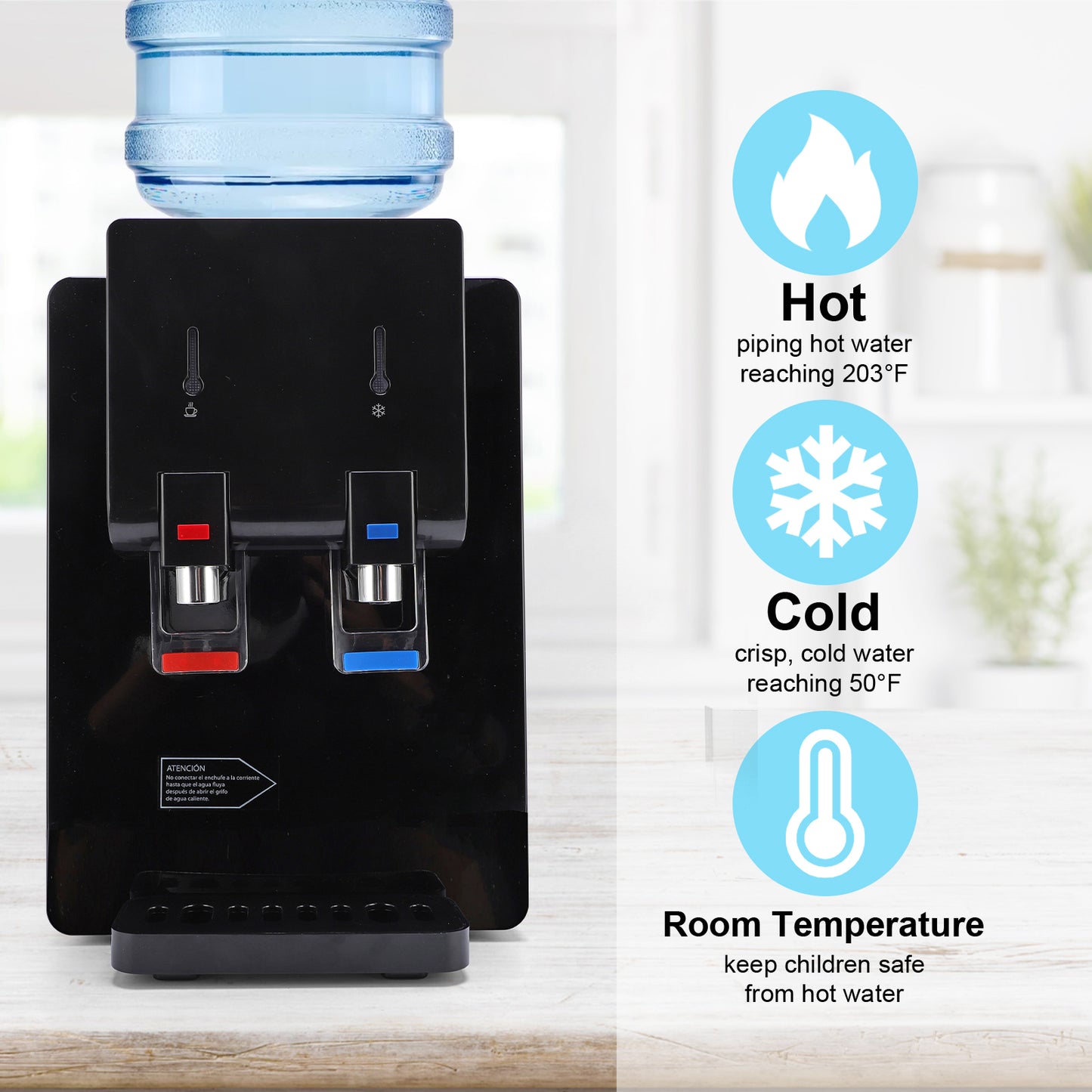 Top Loading Countertop Water Cooler Dispenser, Hot & Cold Water Temperature with Child Safety Lock, Holds 3 or 5 Gallon Bottle,Office Use,Black