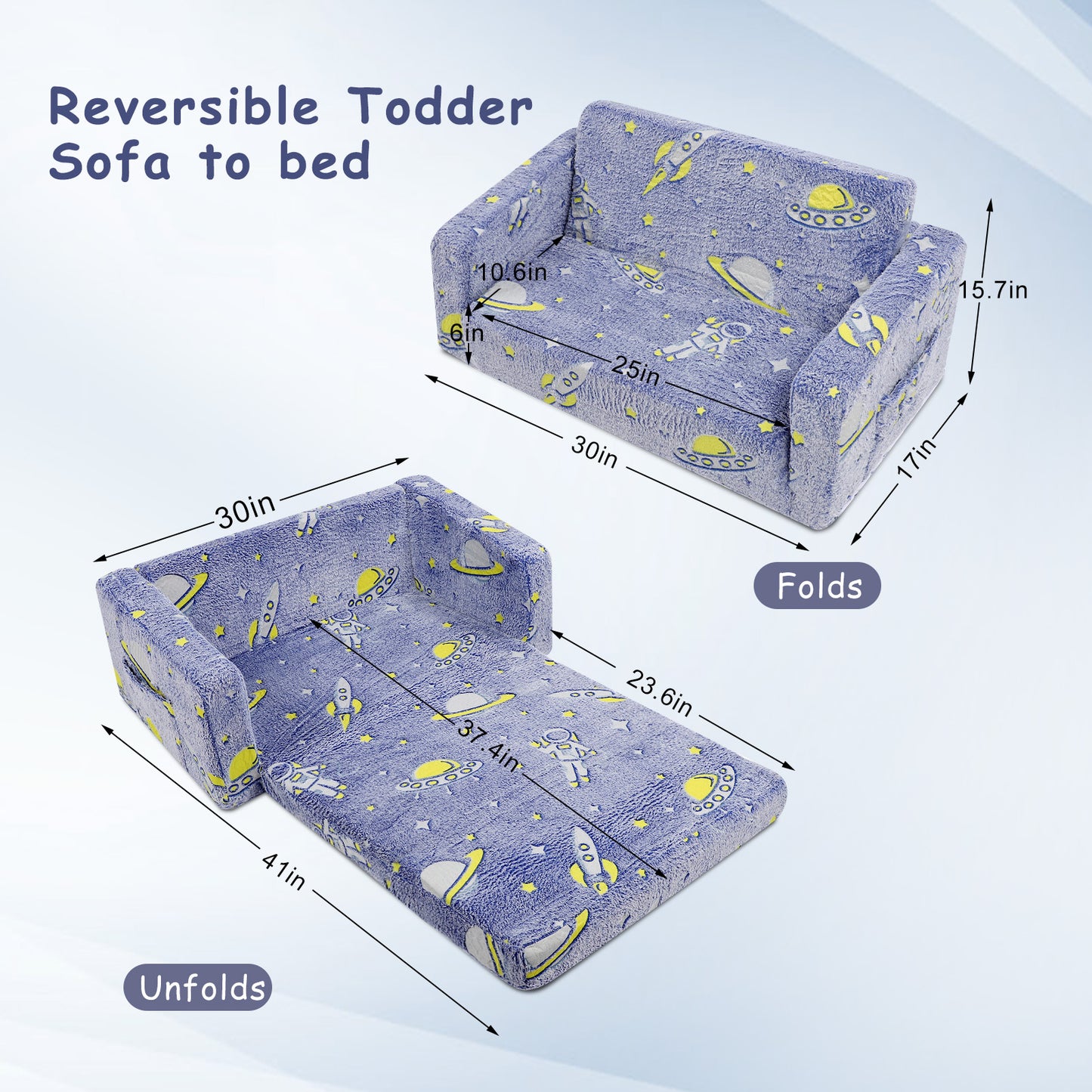 Toddler Couch, Toddler Chair Folding, Kids Couch 2 In 1, Kids Sofa for Playroom-Extra Soft 2 Seats, Glow In The Dark Open Couch, Gifts For Kids, Sleeper For Girls Boys,Blue