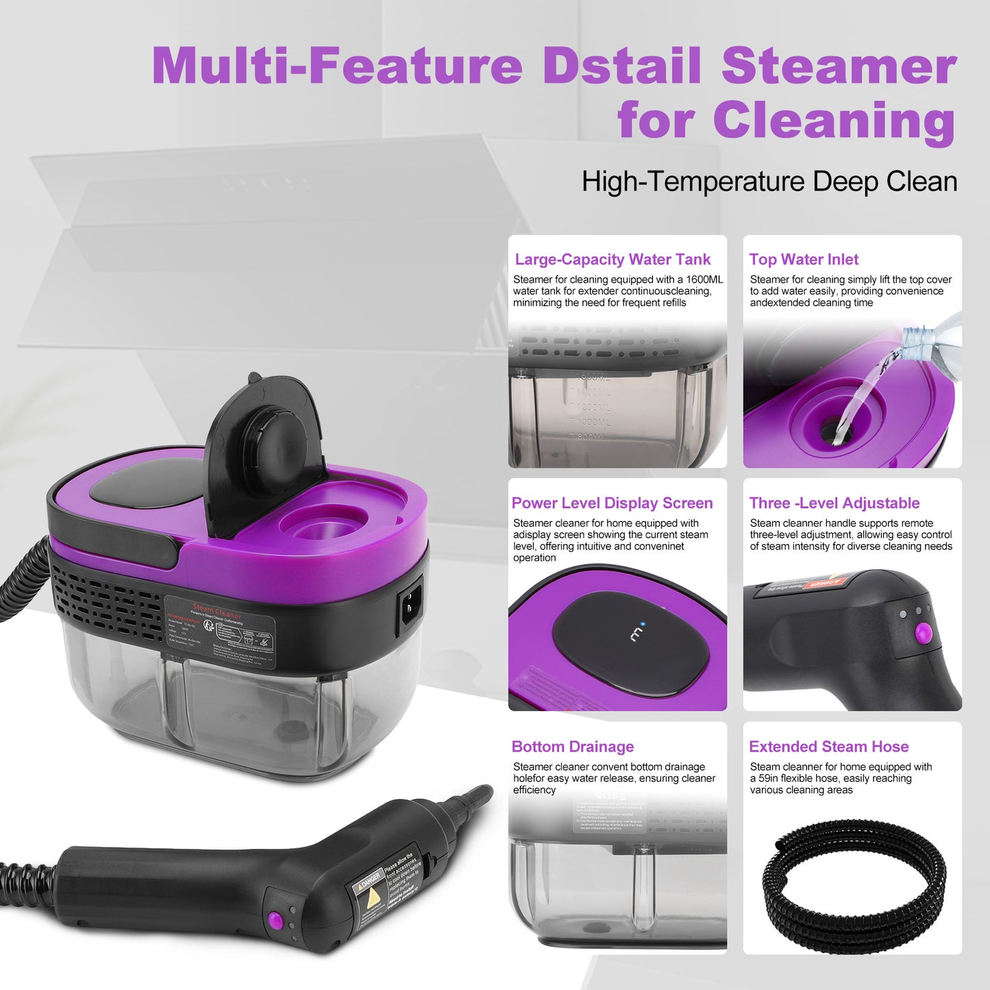 Steam Cleaner, 3-Level Adjustable Handle, 10s Fast Heat-Up, 1.6L Tank,Portable Steamer For Cleaning with 10 Pcs Accessories for Home,Dirt, Grease, Grout, Tile,Floor,Couch,Car