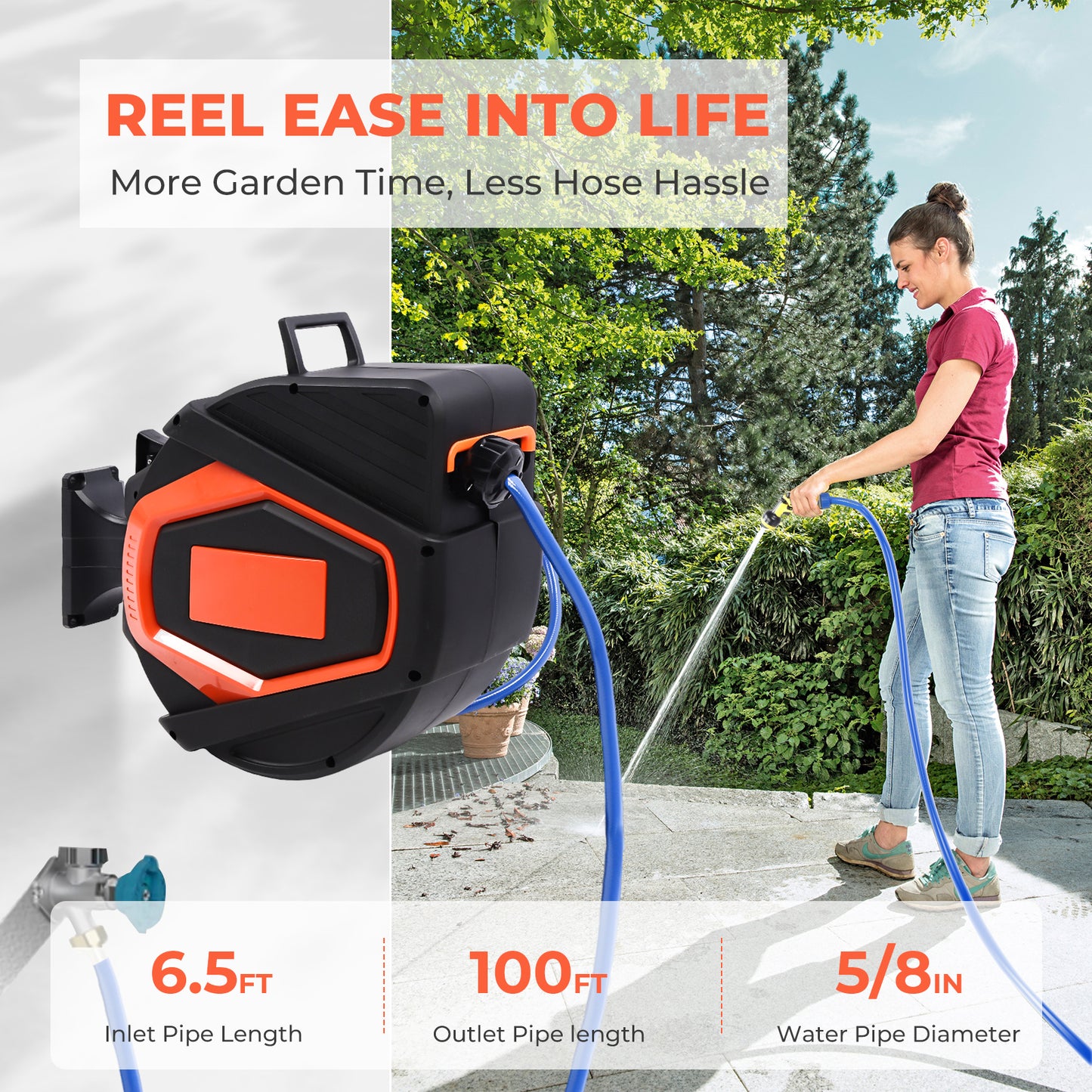Retractable Garden Hose Reel 5/8 In X 100 Ft Automatic Wall Mounted Water Hose With 10 Pattern Nozzle Any Length Lock Slow Retraction 180 Swivel