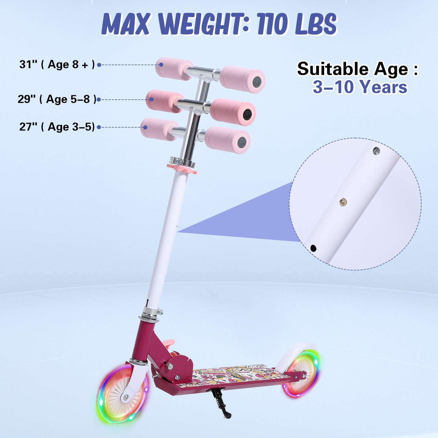 Scooters for Kids, 2 Wheel Folding Kick Scooter for Girls Boys, 3 Adjustable Height, Light Up Wheels, Pink Lightweight Scooter with Sturdy Frame, Kickstand for Children 3 to 10 Years Old