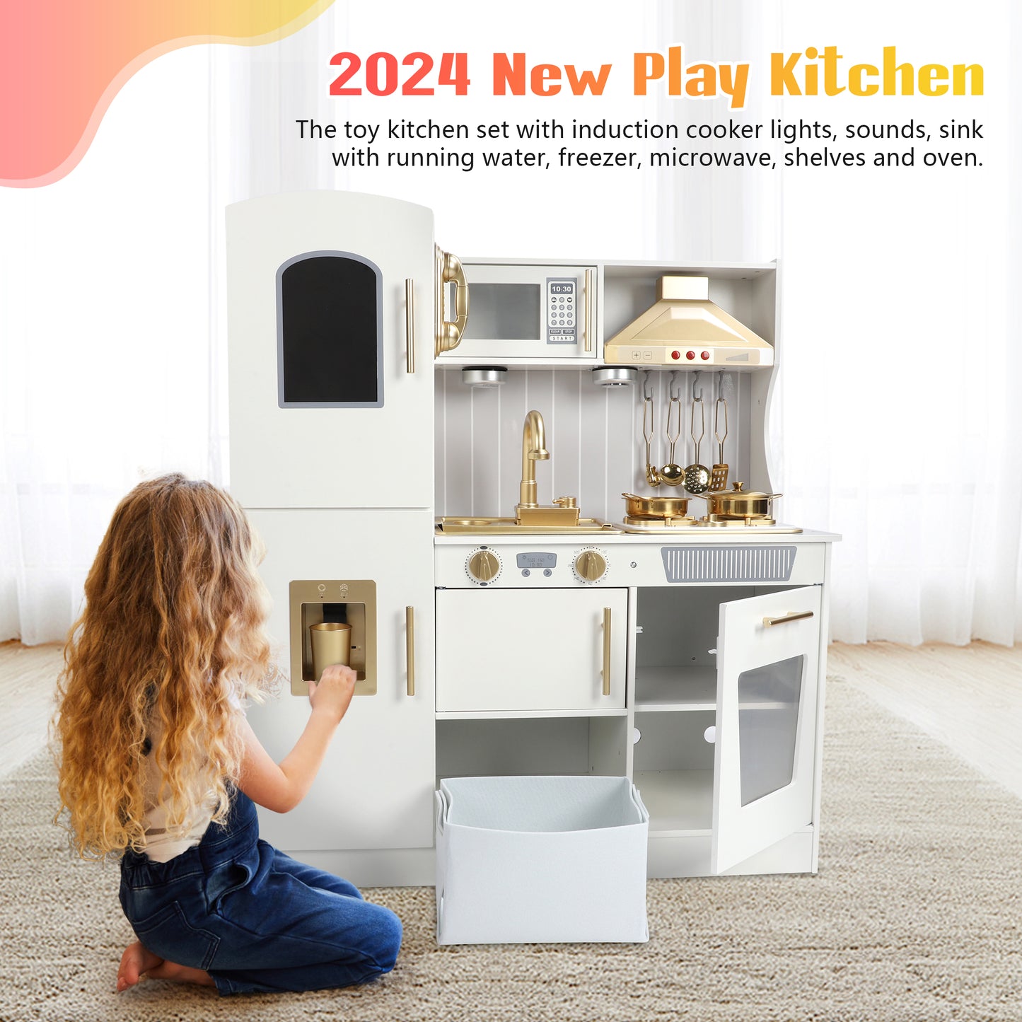Wooden Kids Kitchen Playset with Running Water Lights & Sound, Play Kitchen Pretend Play Toy Set for Toddler 3-6 Years Boy and Girl