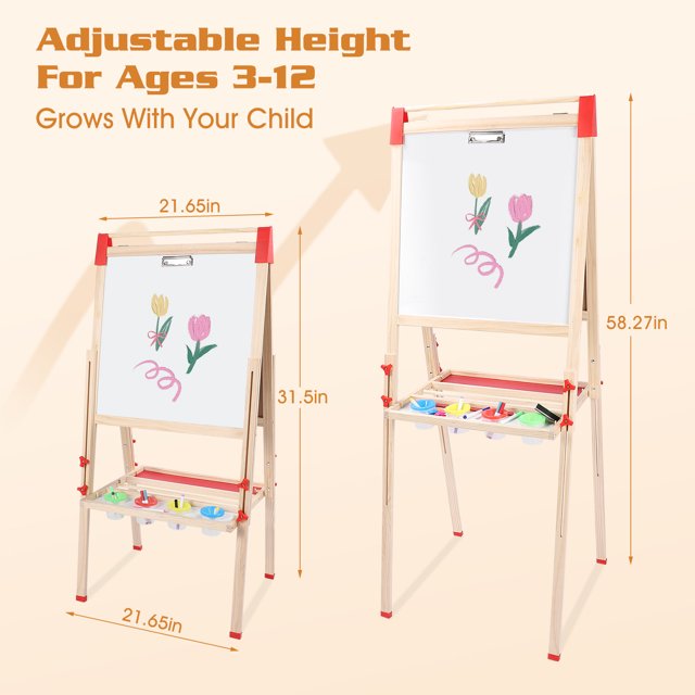 Wooden Art Easel for Student, Adjustable Height Drawing Easel with Double Sided Whiteboard Chalkboard, Foldable Dry Erase Board with Accessories, Perfect Painting Gifts for Boys & Girls