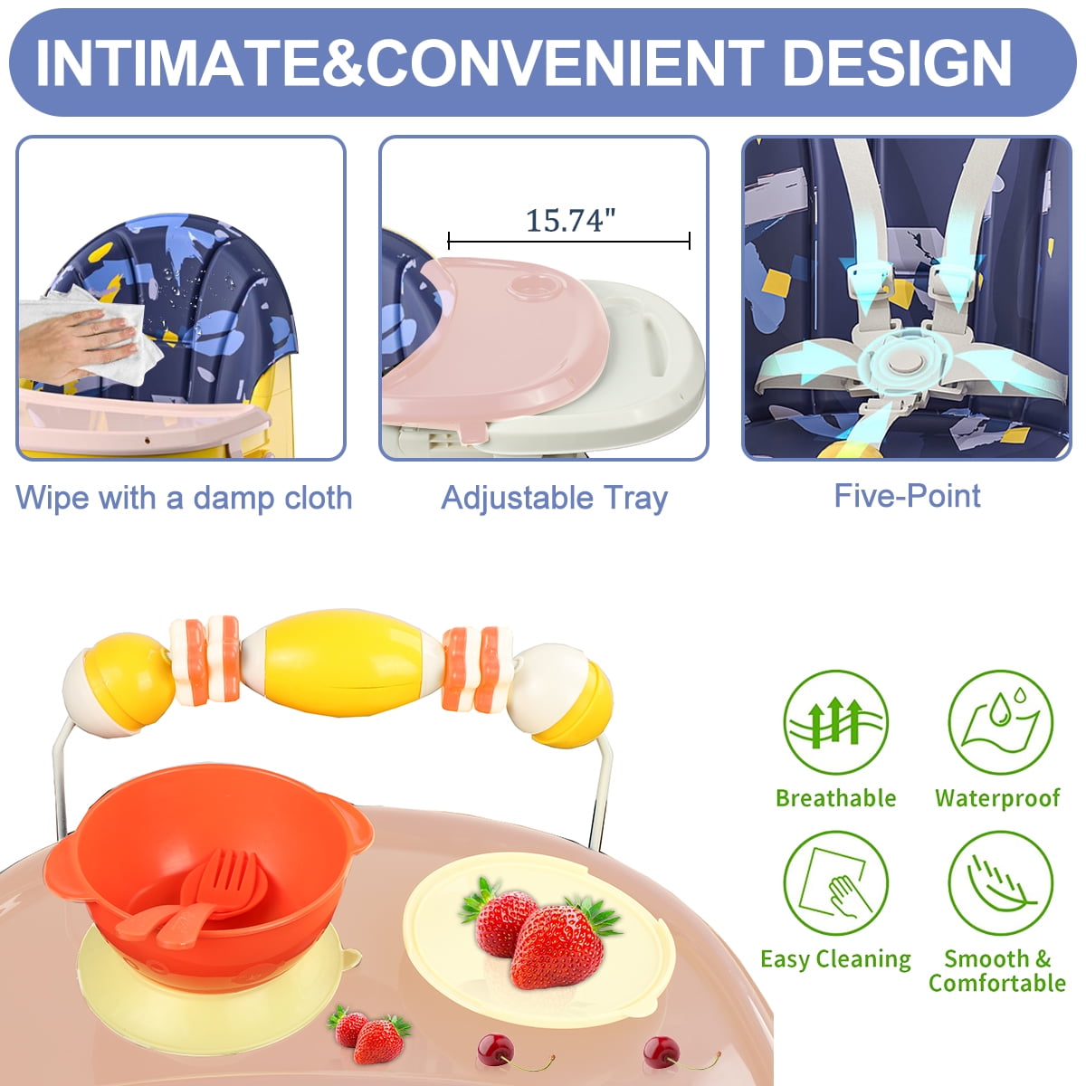 4-in-1 Baby High Chair, Convertible High Chair for Babies and Toddlers, Portable Folding Dining Chairs Eat & Play with Five-Point Harness, Double-Layer Dinner Plate, Toy Rack, Spoon, Fork, Bowl