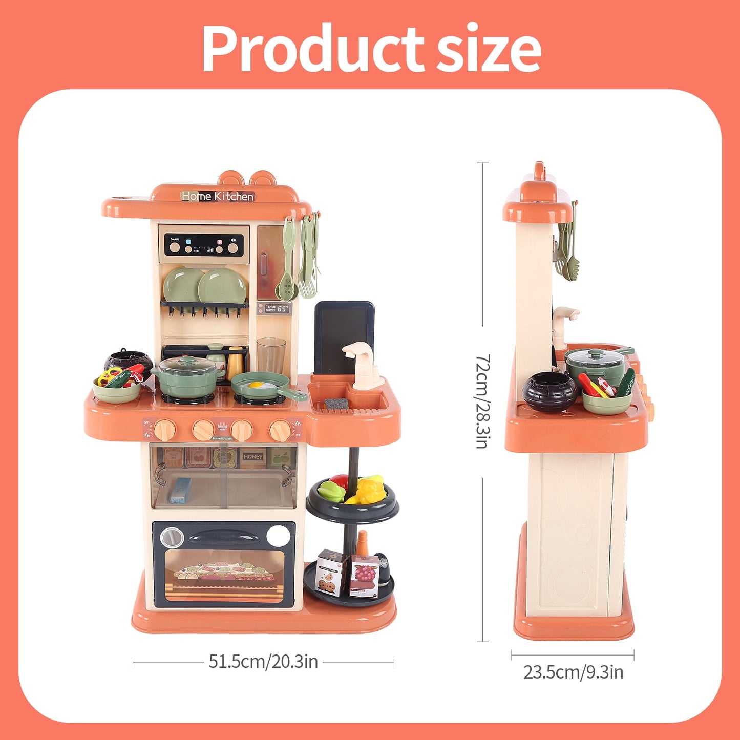 Play Kitchen Set for Kids, 65pcs 28Inch Tall Toy Pretend Play Kitchen w/ Realistic Lights Sounds Simulation Spray for Toddlers Girls Boys Gift