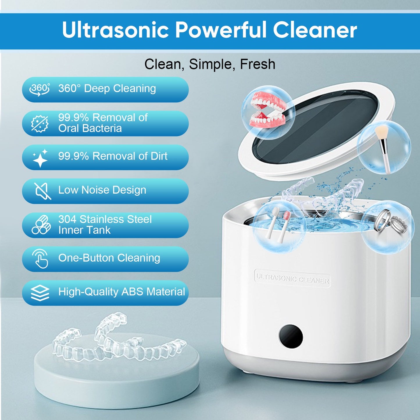 42kHz Retainer Cleaner Machine for Mouthguard, Braces, Night Guard, Toothbrush, Jewelry with 6.08oz Cleaning Pod, White