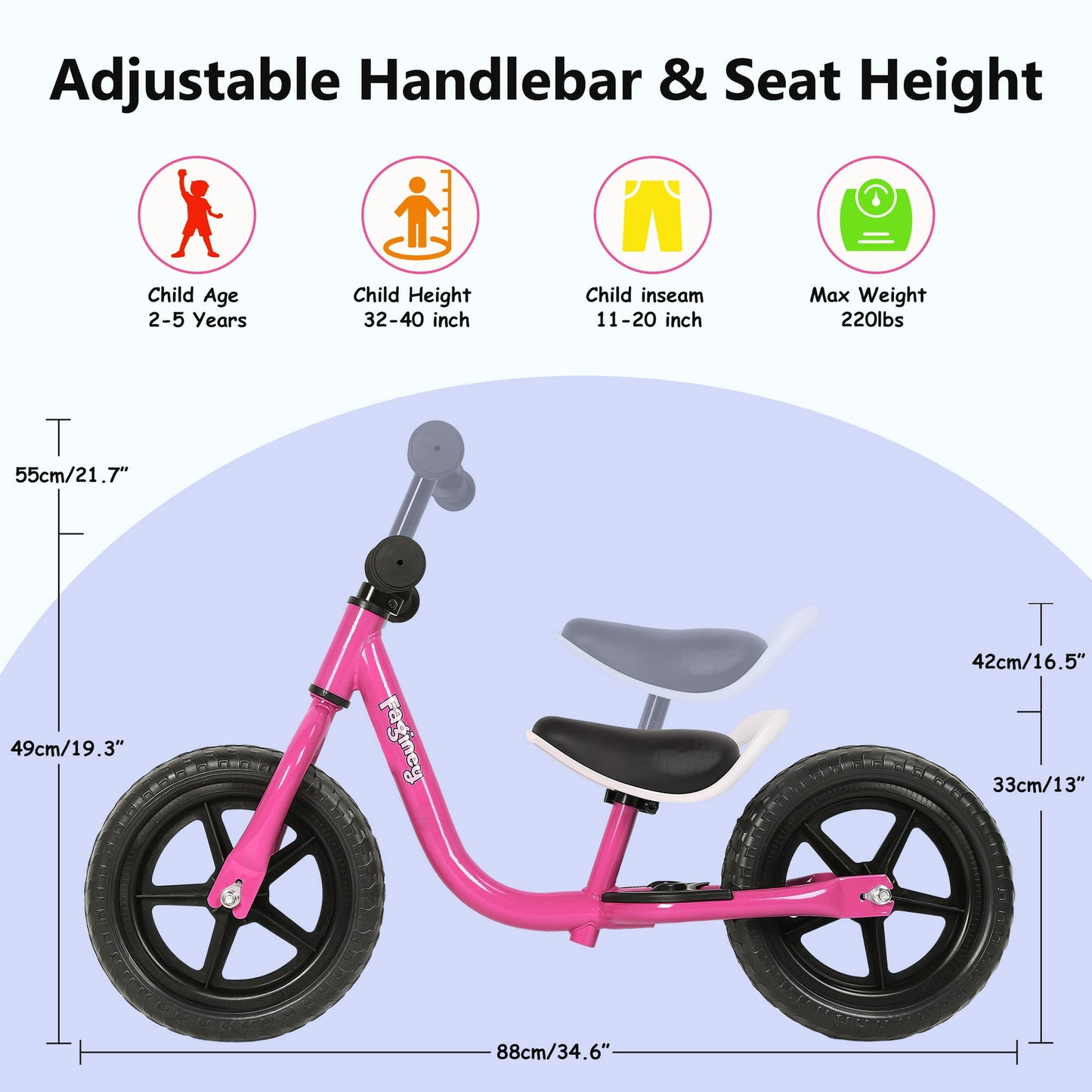 12-Inch Balance Bike No Pedal Lightweight Bike for Boys Girls 1.5 to 4 Years Old, Toddler Bike with Adjustable Seat, Carry Handle