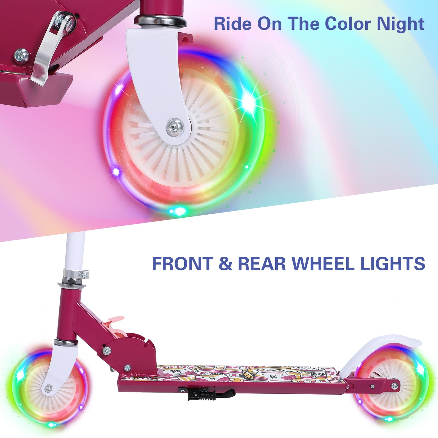 Scooters for Kids, 2 Wheel Folding Kick Scooter for Girls Boys, 3 Adjustable Height, Light Up Wheels, Pink Lightweight Scooter with Sturdy Frame, Kickstand for Children 3 to 10 Years Old