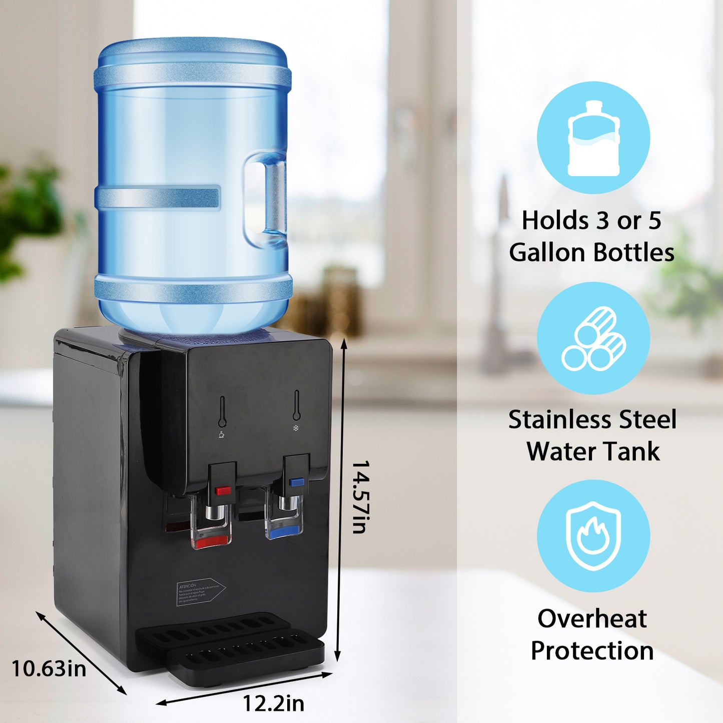 Top Loading Countertop Water Cooler Dispenser, Hot & Cold Water Temperature with Child Safety Lock, Holds 3 or 5 Gallon Bottle,Office Use,Black