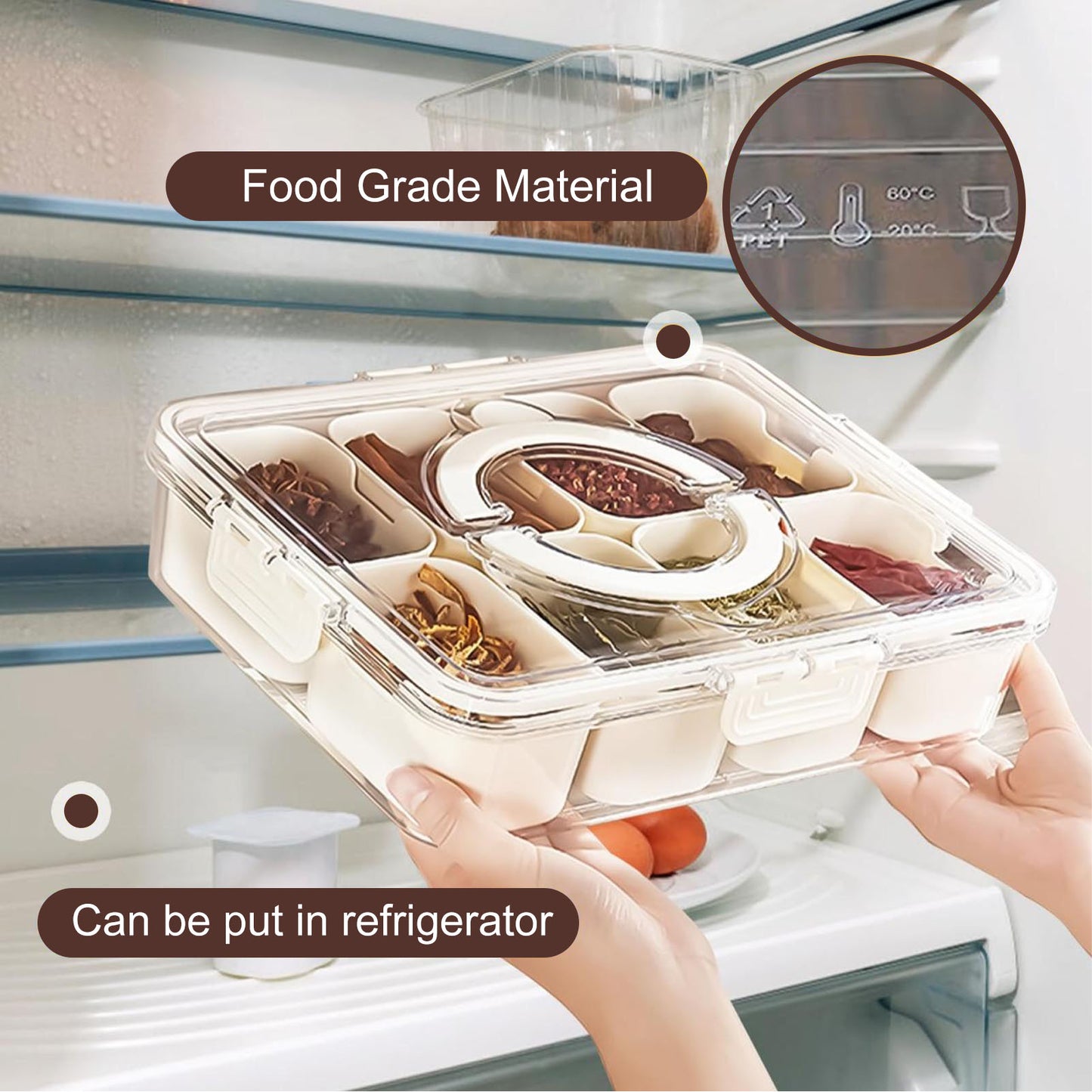 8 Compartments Divided Serving Tray with Lid and Handle Portable Snack Platters Organizer Snackle Box for Fruit, Snack, Nuts, Candy, Seasoning, Party and Travel