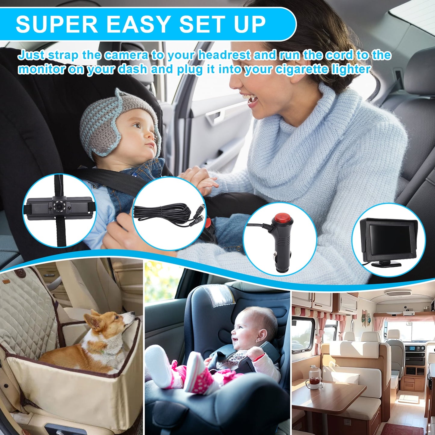 Baby Car Camera HD 1080P Night Vision 180° Adjustable Wide View Angle Rear Facing Baby Monitor for Car Backseat