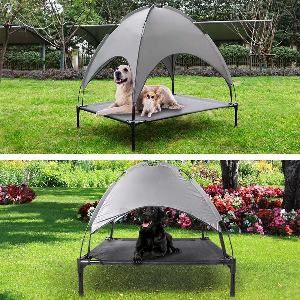 Outdoor Dog Bed with Canopy for Medium Large Dogs, Foldable Elevated Dog Bed, Textilene Mesh, Metal Frame for Indoors, Outdoors, Lawn