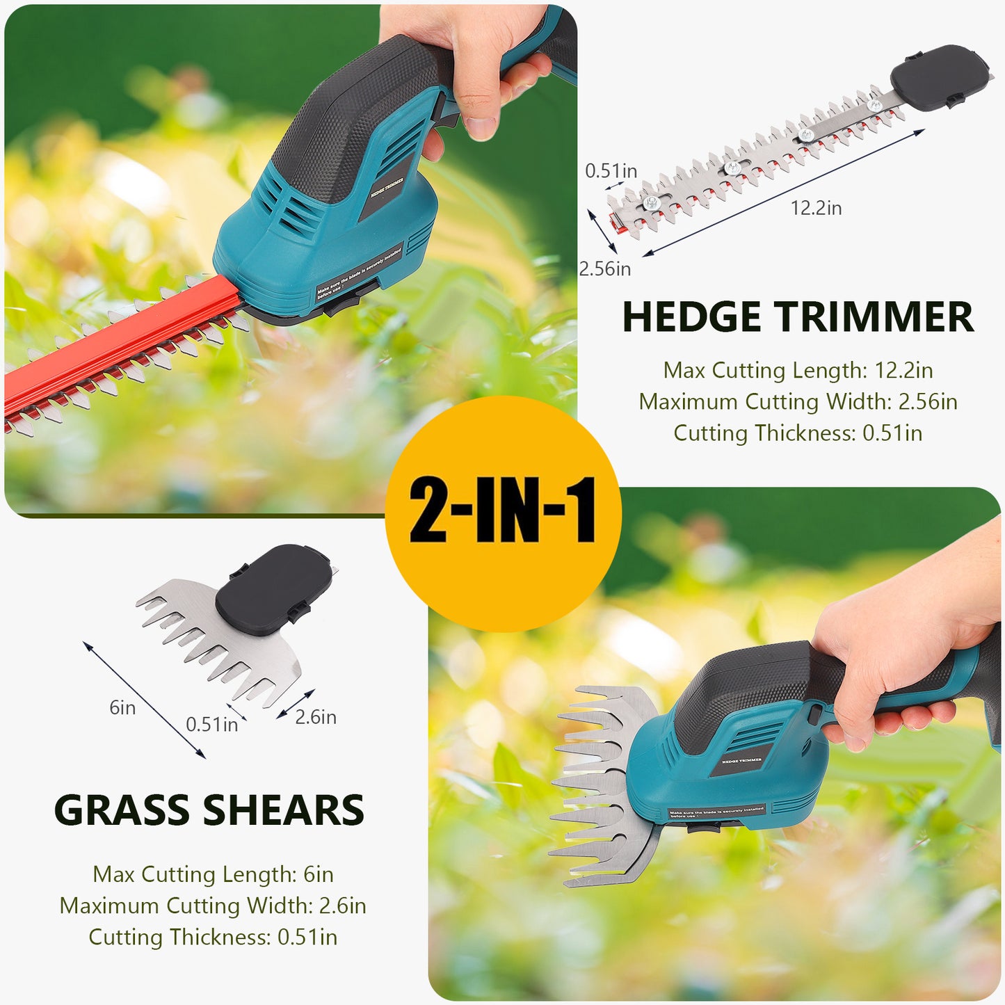 Hedge Trimmer Cordless - 20V 2 X 2.0Ah Batteries, 2-in-1 Cordless Grass Shears for Garden, Yard And Lawn,Blue