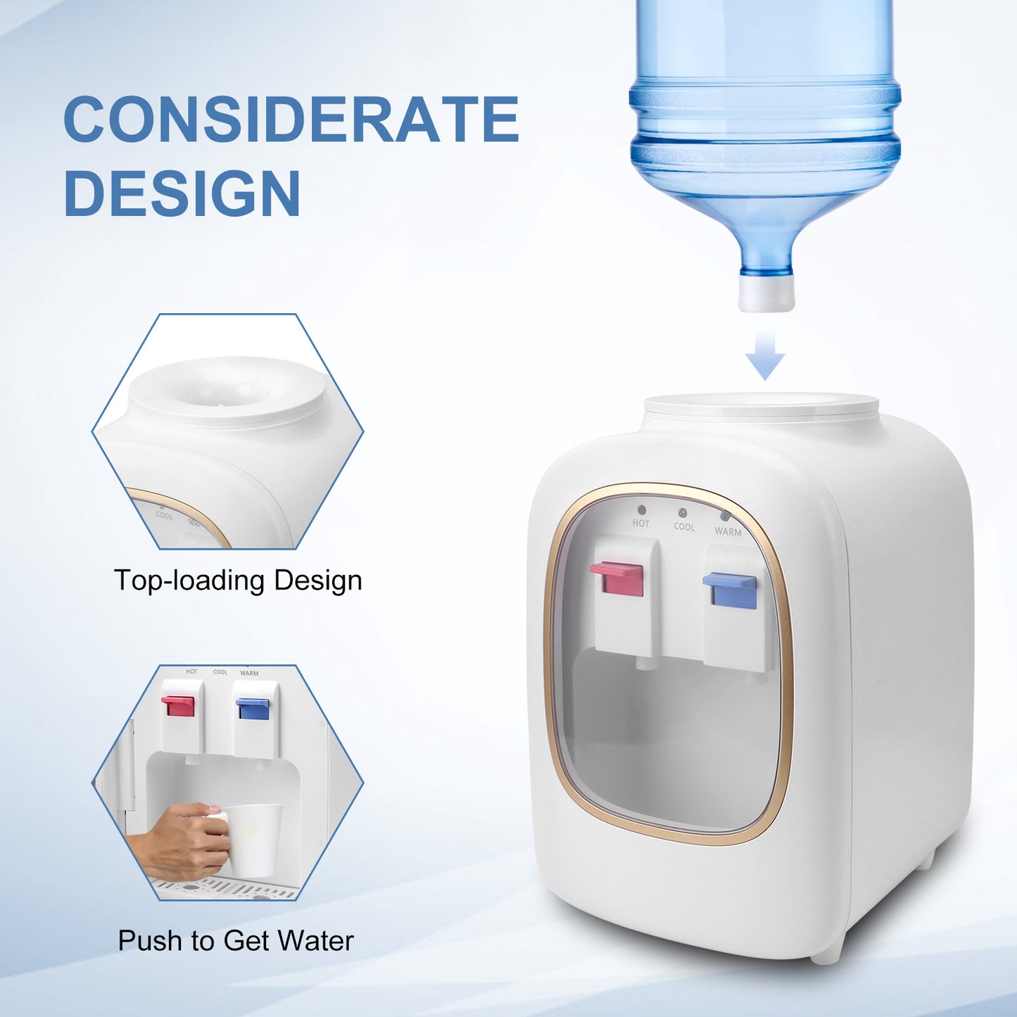 Top Loading Water Cooler Dispenser, Hot & Cold Water, 13.8'' Countertop Water Cooler Dispenser, Holds 3 or 5 Gallon