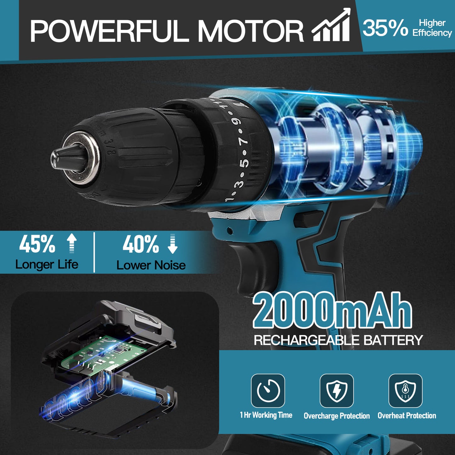 Cordless Drill, 21V Power Drill Set with 2Ah Battery, 3/8"Keyless Chuck, 25+3 Position Electric Drill, 2-Speed Transmission for Screwdriving And Drilling, Blue