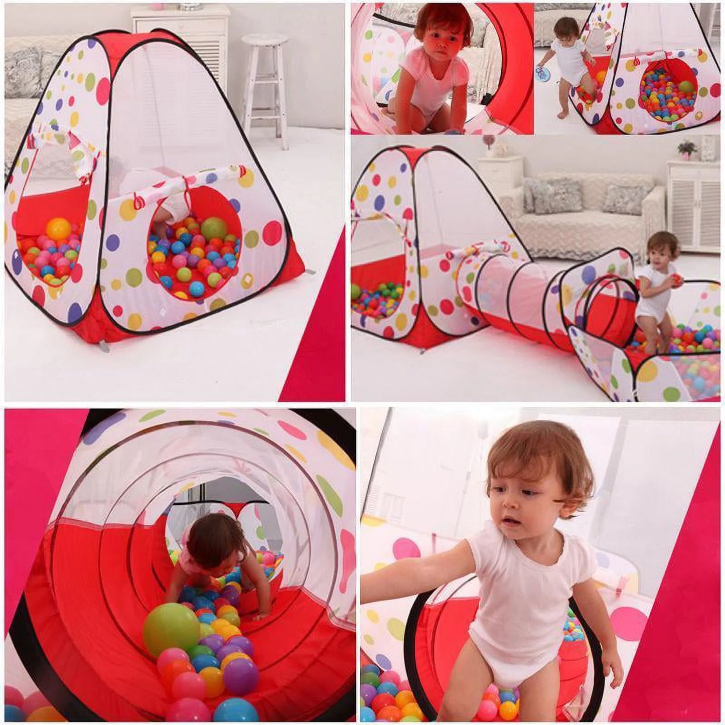 WALFRONT 3 in 1 Kids Ball Pit Play Tent with Tunnel, Portable Children Boys Girls Indoor Outdoor Gym Play Tent Tunnel Toys Set (Children aged 3 and over)