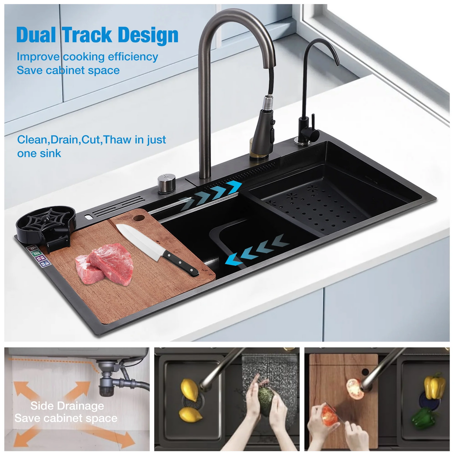 Waterfall Kitchen Sink, Single Bowl Drop in Kitchen Sink with Pull-Out Faucet and Multiple Accessories - 31.5×17.7×8.3 inch