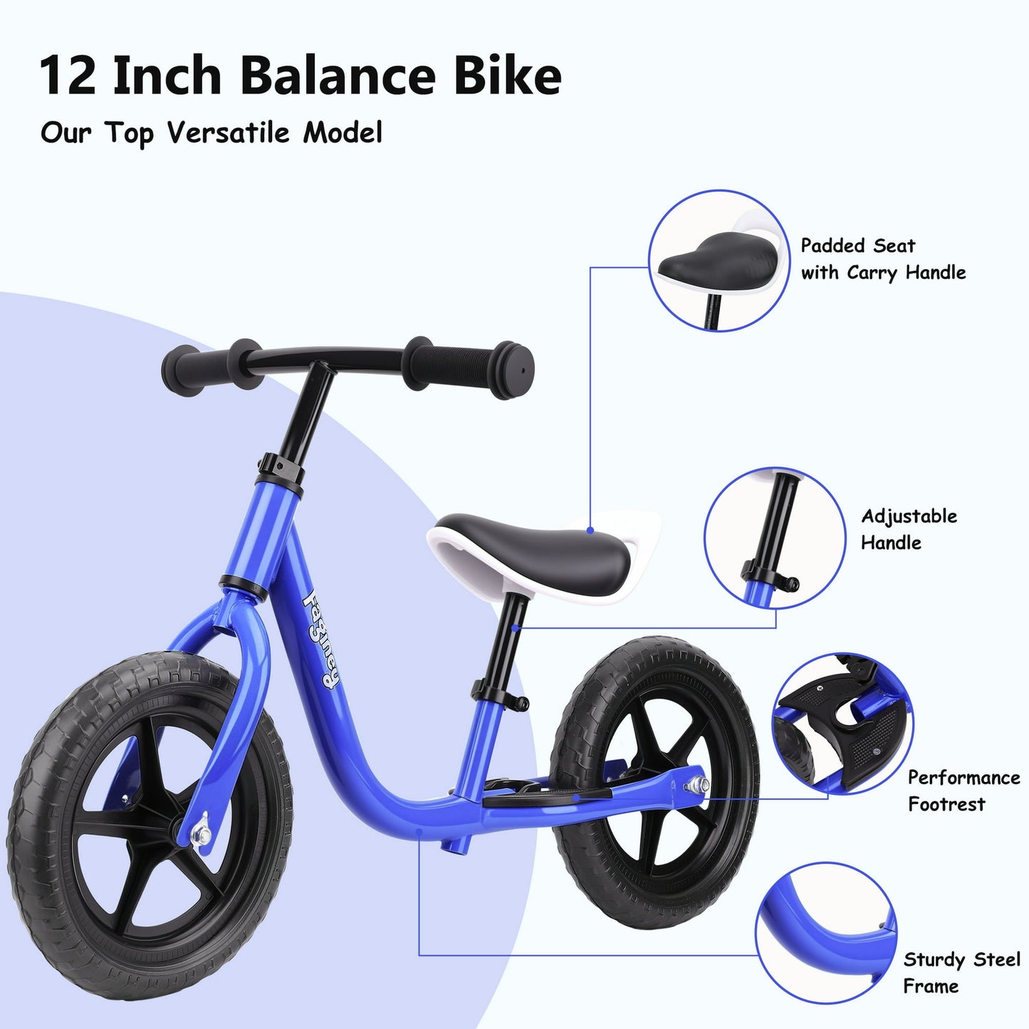 12-Inch Balance Bike No Pedal Lightweight Bike for Boys Girls 1.5 to 4 Years Old, Toddler Bike with Adjustable Seat, Carry Handle