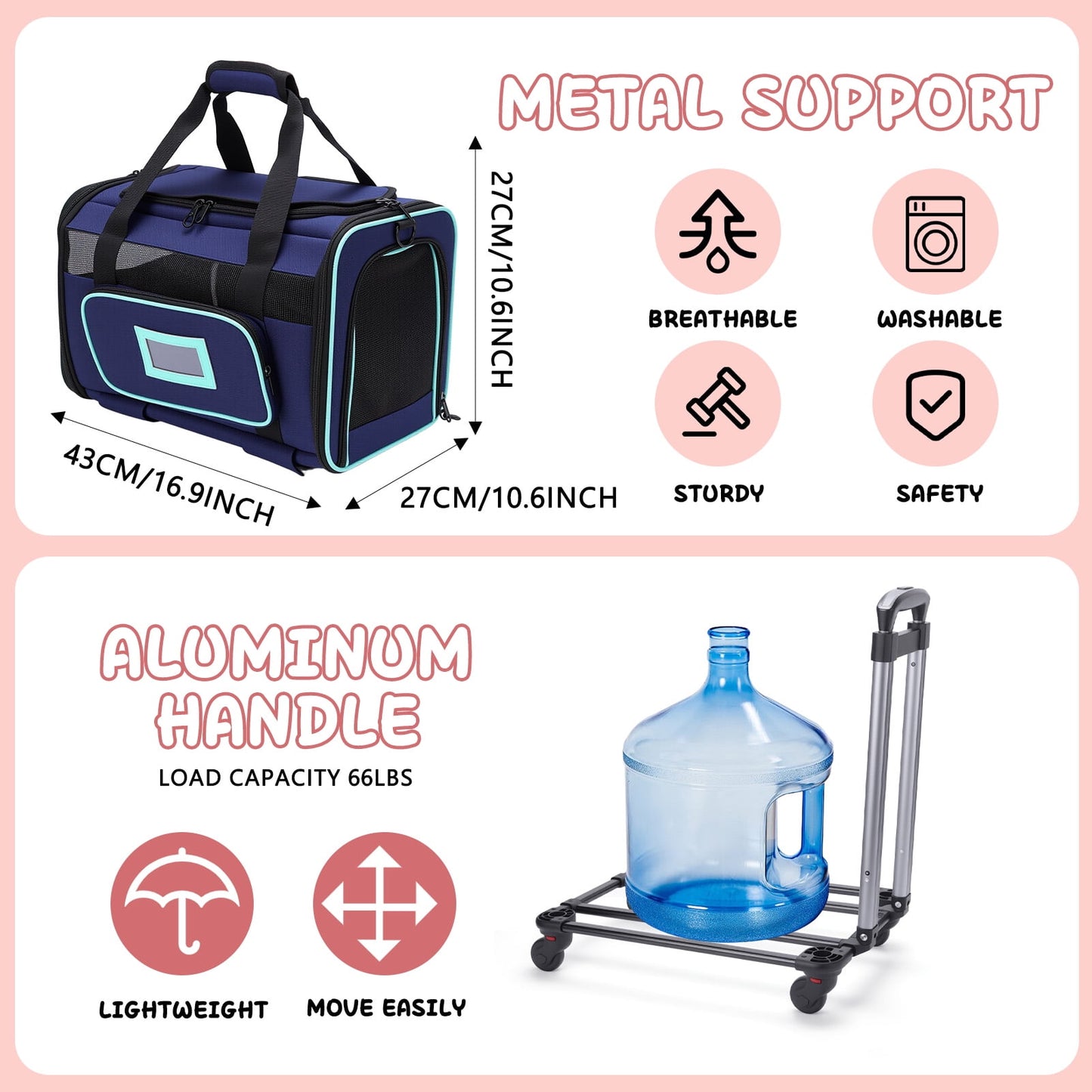 Cat Carrier with Wheels Soft Carrier for Puppy Cats Under 44lbs, Rolling Cat Carrier for Travel, Camping, Outdoor