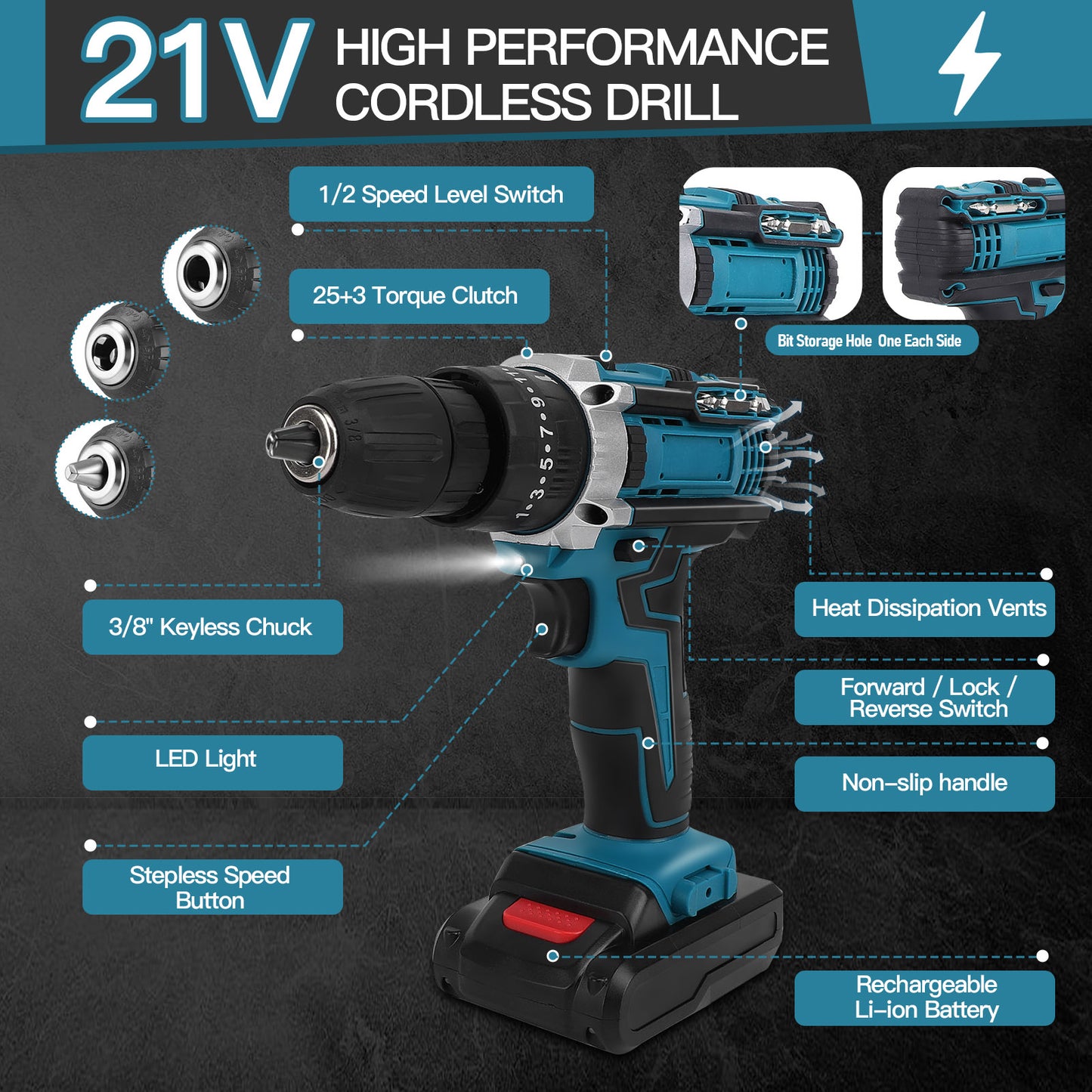 Cordless Drill, 21V Power Drill Set with 2Ah Battery, 3/8"Keyless Chuck, 25+3 Position Electric Drill, 2-Speed Transmission for Screwdriving And Drilling, Blue