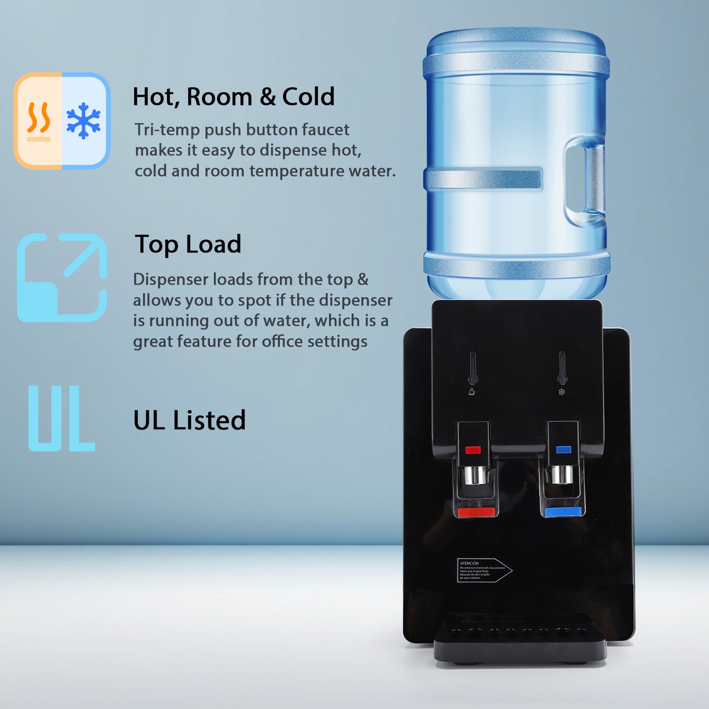 Top Loading Countertop Water Cooler Dispenser, Hot & Cold Water Temperature with Child Safety Lock, Holds 3 or 5 Gallon Bottle,Office Use,Black