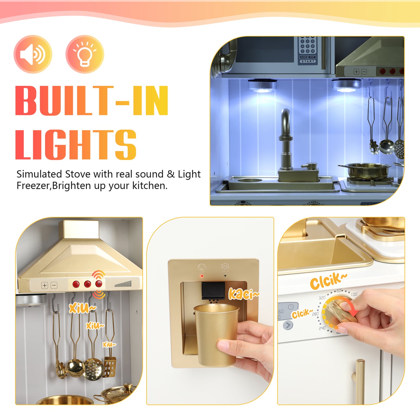 Wooden Kids Kitchen Playset with Running Water Lights & Sound, Play Kitchen Pretend Play Toy Set for Toddler 3-6 Years Boy and Girl
