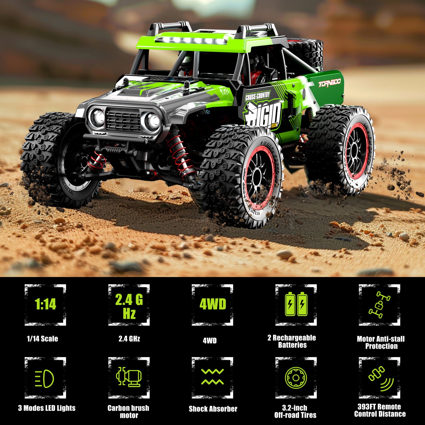RC Cars 1:14 4WD High Speed Remote Control Truck 60+km/h Fast All Terrain Off Road RC Truck Toy Gifts for Kids Adults, 2 Batteries